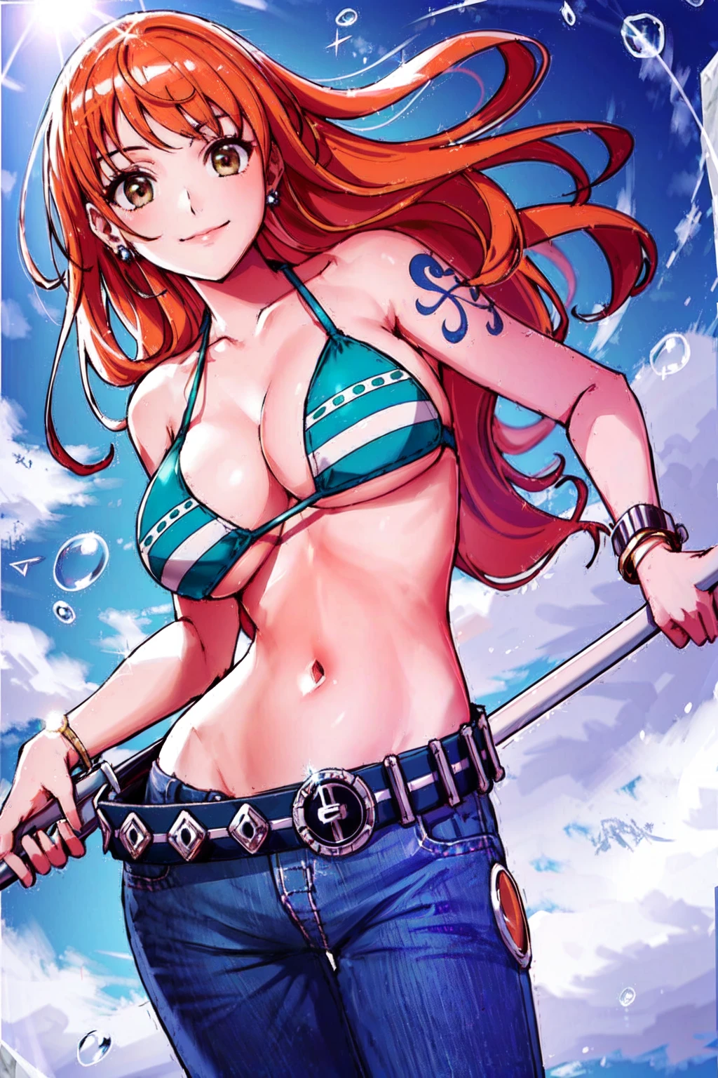 detailed background, masterpiece, best quality, 1girl, solo, nami \(one piece\), 1girl, bangle, bangs, bare shoulders, belt, bikini, bikini top only, blue sky, bracelet, breasts, brown eyes, bubbles, cleavage, clouds, cowboy shot, sun, denim, earrings, floating hair, green belt, green bikini, crotch, jeans, jewelry, big tits, log pose , long hair, looking viewer, navel, orange hair, pants, shoulder tattoo, side lock, sky, smile, solo, standing, belly, swimsuit, tattoo, looking viewer