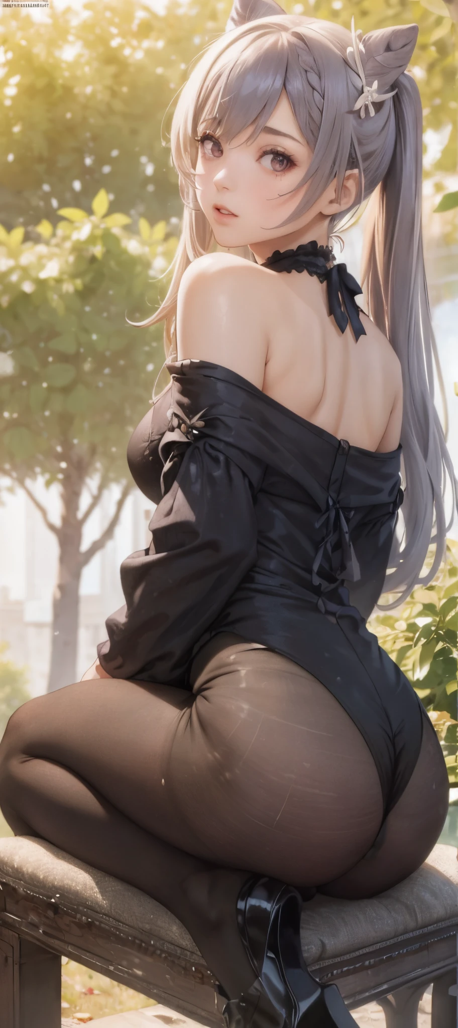 (1girl:1.3), (photorealistic:1.4), (masterpiece, top quality, best quality, official art), extreme detailed, highest detailed, (ultra-detailed), ((an extremely delicate and beautiful)), cinematic light, contemporary, 1girl, solo, long hair, transparent pantyhose, bangs, high heels, white pantyhose, looking at viewer, bare shoulders, transparent thighband pantyhose, black footwear, dress, ass, floating, very long hair, breasts, full body, panties under pantyhose, thighs, pointy ears, sitting, hair ornament, (((butt crack)))