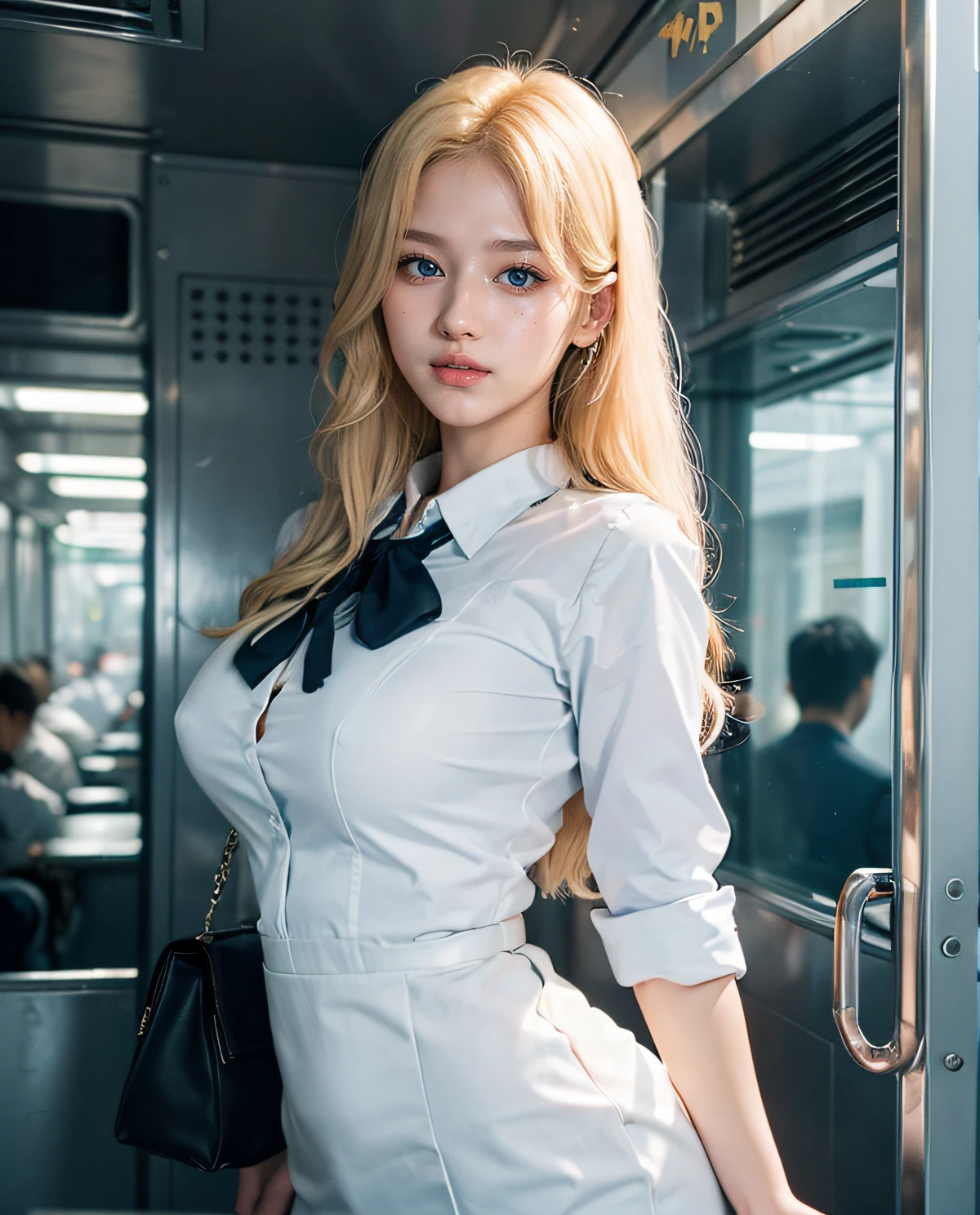 1girl, (Blue eyes), (smile), (Sana Minatozaki), wide hips, Big Boobs, big ass, (Best Quality, 8k, Masterpiece: 1.3), perfect hands, Clear Focus: 1.2, Perfect Body Beauty: 1.4 , Slender Abs: 1.2, Highly detailed face and skin texture, detailed eyes, double eyelids, (blonde long hair), (white dress shirt :1.2), ((japanese school uniform)), Crowded train, handsome man holding her from behind and talking in her ear, lifting her, white mini skirt swinging upwards, older man leaning against her from behind picking her up, varied poses