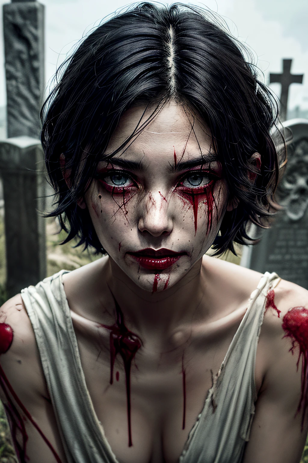 corpse, sinister, female, thin, pale, looking at the camera, ultra realistic, fully detailed, cemetery environment, bright eyes, white dress torn and stained with blood, bones exposed, putrid wounds, sensual, terrifying, bruised by the body, exposed fracture in the collarbone, slight smile, super detailed, black short hair, wounds, blood,