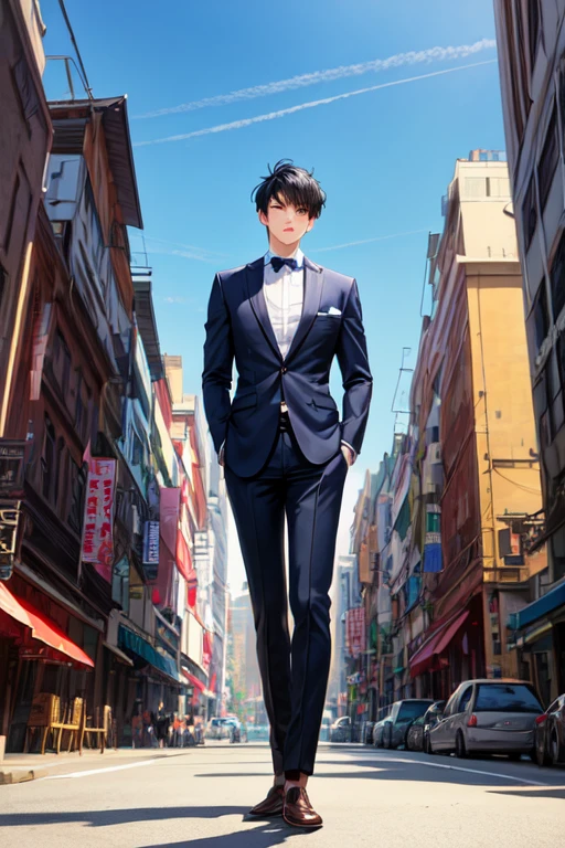 ((best quality)), ((masterpiece)), (detailed), perfect face, mid 20's man wearing suit, black hair, city background, anime style, full body.