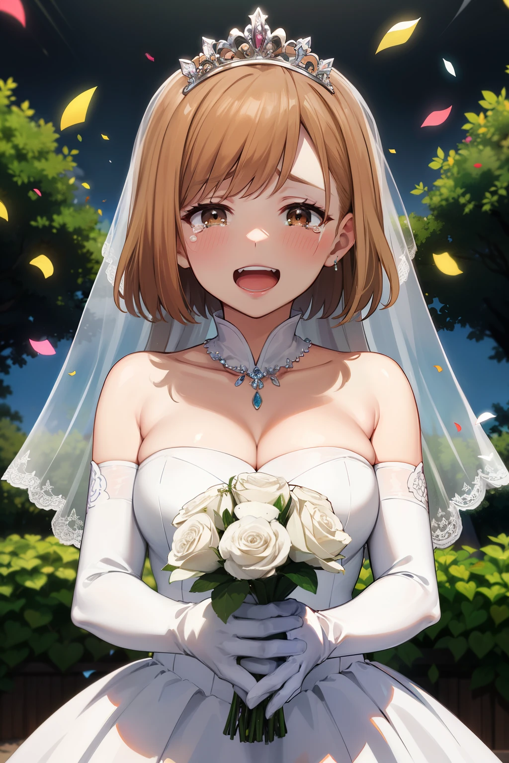 masterpiece, best quality, highres, aaichika,  tiara, bridal veil, necklace, cleavage, wedding dress, strapless dress, white dress, white gloves, elbow gloves, garden on background, smile, open mouth, tears, upper body, confetti, holding bouquet, bouquet, short brown hair, brown eyes, erotic, nsfw