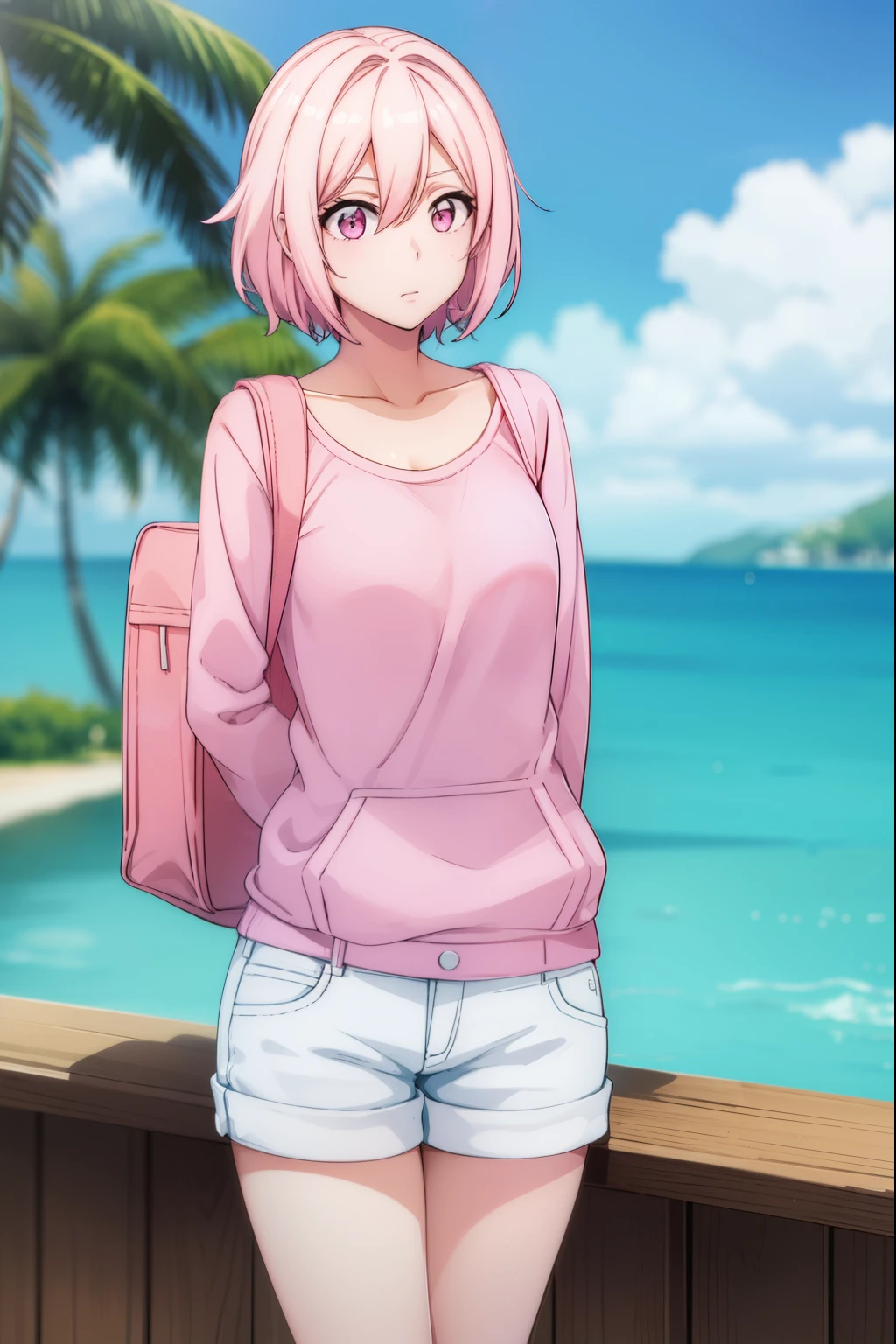 Cute girl, with sexy reddish-white skin,She is wearing a pink pullover, She wears short white, On an island, Women's white shorts