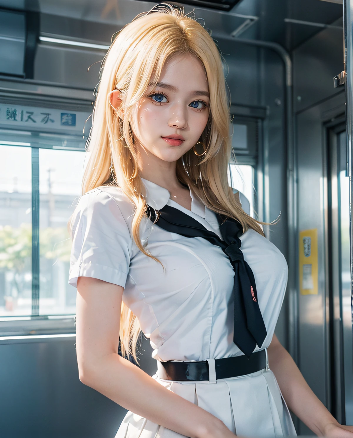 1girl, (Blue eyes), (smile), (Sana Minatozaki), wide hips, Big Boobs, big ass, (Best Quality, 8k, Masterpiece: 1.3), perfect hands, Clear Focus: 1.2, Perfect Body Beauty: 1.4 , Slender Abs: 1.2, Highly detailed face and skin texture, detailed eyes, double eyelids, (blonde long hair), (white dress shirt :1.2), ((japanese school uniform)), Crowded train, handsome man holding her from behind and talking in her ear, lifting her, white mini skirt swinging upwards, older man leaning against her from behind picking her up, varied poses
