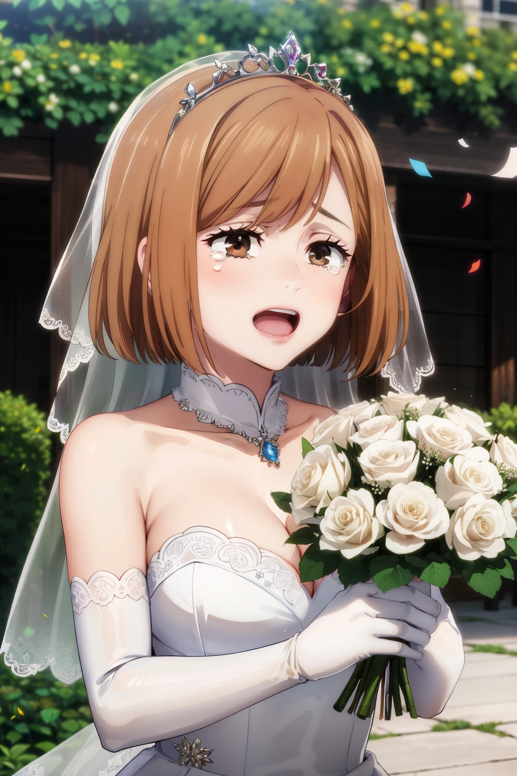 masterpiece, best quality, highres, aaichika,  tiara, bridal veil, necklace, cleavage, wedding dress, strapless dress, white dress, white gloves, elbow gloves, garden on background, smile, open mouth, tears, upper body, confetti, holding bouquet, bouquet, short brown hair, brown eyes, erotic, nsfw