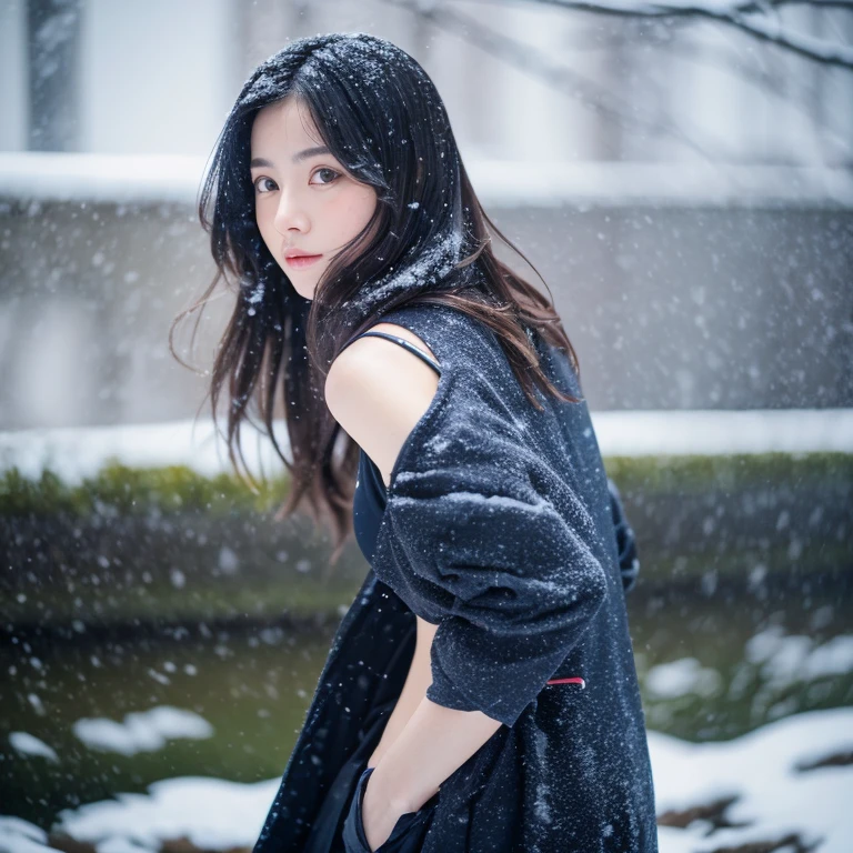 (Ninja clothes)、、(top-quality,​masterpiece:1.3,超A high resolution,),(ultra-detailliert,Caustics),(Photorealsitic:1.4,RAW shooting,)Ultra-realistic capture,A highly detailed,High resolution 32K suitable for human skin、 Skin texture is natural、、The skin looks healthy with an even tone、 Use natural light and color,One Woman,japanes,,kawaii,A dark-haired,(depth of fields、chromatic abberation、、Wide range of lighting、Natural Shading、)、、(Falling snow:1.2)、(Hair swaying in the wind:1.2)、(Snow reflects light:1.2)、（Back lighting）（Clothes are torn）（You can see her cleavage through her torn clothes..）（I can see your butt through your torn clothes.）（Longhaire）（Full body composition）Perfect and beautiful face with droopy eyes