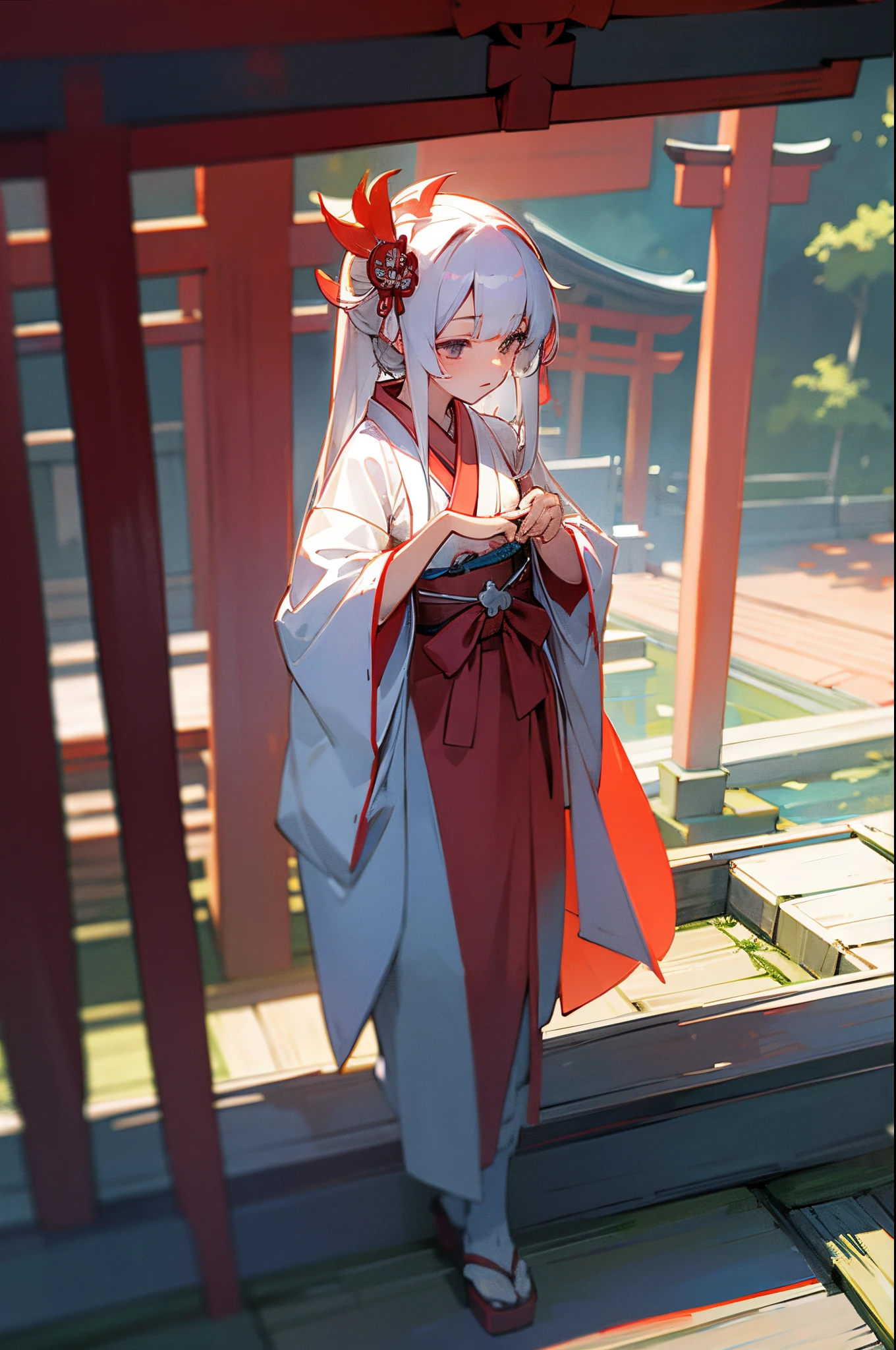 Under the peach blossom tree,With the moon as a background,The sky is filled with stars as a backdrop,a girl(Royal sister ,It's like a fairy)Wearing white silk(White in red,Key points reflected),Transparent apron(Traditional Chinese costume)Cloth shoes on their feet。perfect body proportions。Character expression settings:Blushing shyly。Action settings:坐在Under the peach blossom tree,Looking forward to people from afar。The composition of the picture is very reasonable and the composition meets the above requirements.