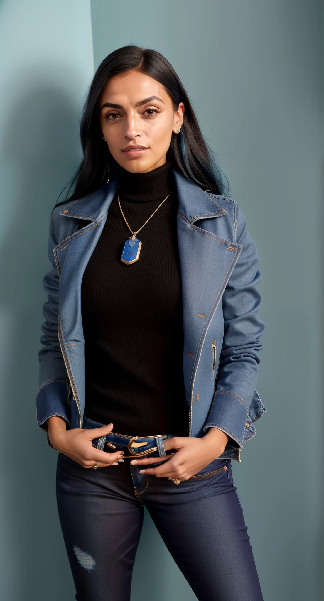 mulher arafida de jaqueta azul e jeans segurando um telefone celular, usando gola alta e jaqueta, Nico Robin, Alexandria Ocasio Cortez, female camila mendes, victoria justice, Alexandria Ocasio - Cortez, Alexandria Ocasio-Cortez, menina de cabelo preto vestindo capuz, vestindo jaqueta azul, vestindo uma jaqueta azul, roupa de couro azul-marinho apertado