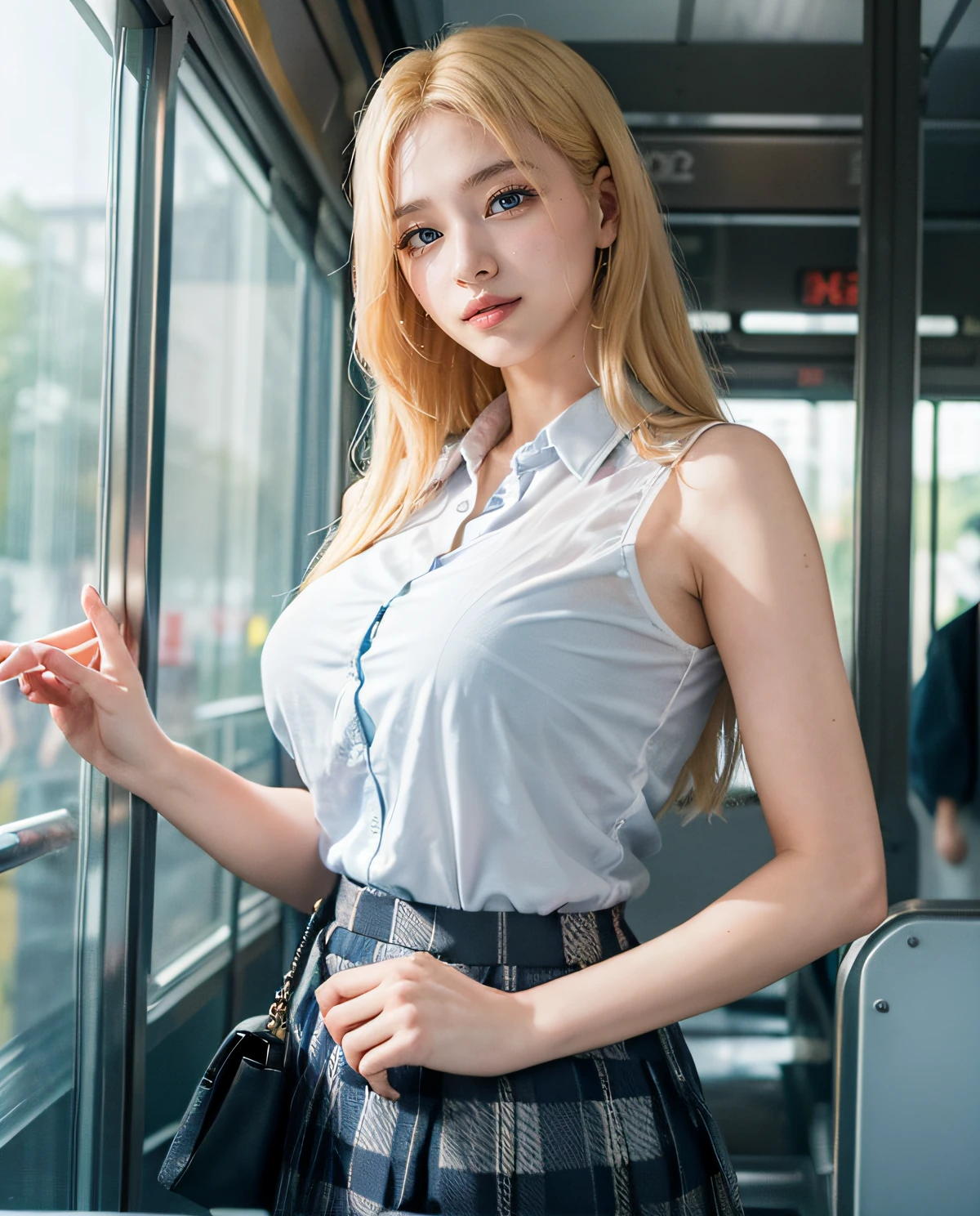 1girl, (Blue eyes), (smile), (Sana Minatozaki), wide hips, Big Boobs, big ass, (Best Quality, 8k, Masterpiece: 1.3), perfect hands, Clear Focus: 1.2, Perfect Body Beauty: 1.4 , Slender Abs: 1.2, Highly detailed face and skin texture, detailed eyes, double eyelids, (blonde long hair), (translucent dress shirt :1.2), (bra), (plaid skirt :1.3), ((japanese school uniform)), standing, varied poses, on the train, people in the background, blurred background