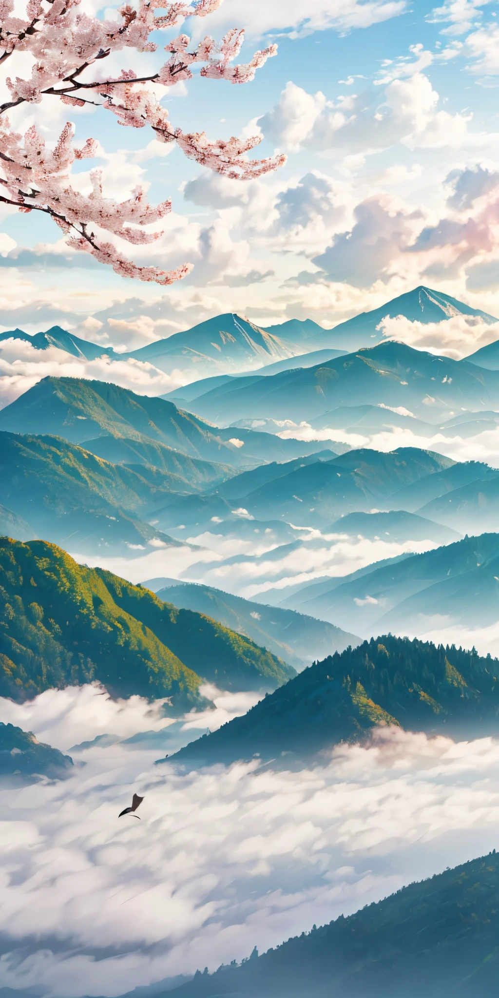 Image quality: realistic, main content: mountains, waters, birds, cherry blossoms blend together, environment: hazy clouds and mist --auto --s2