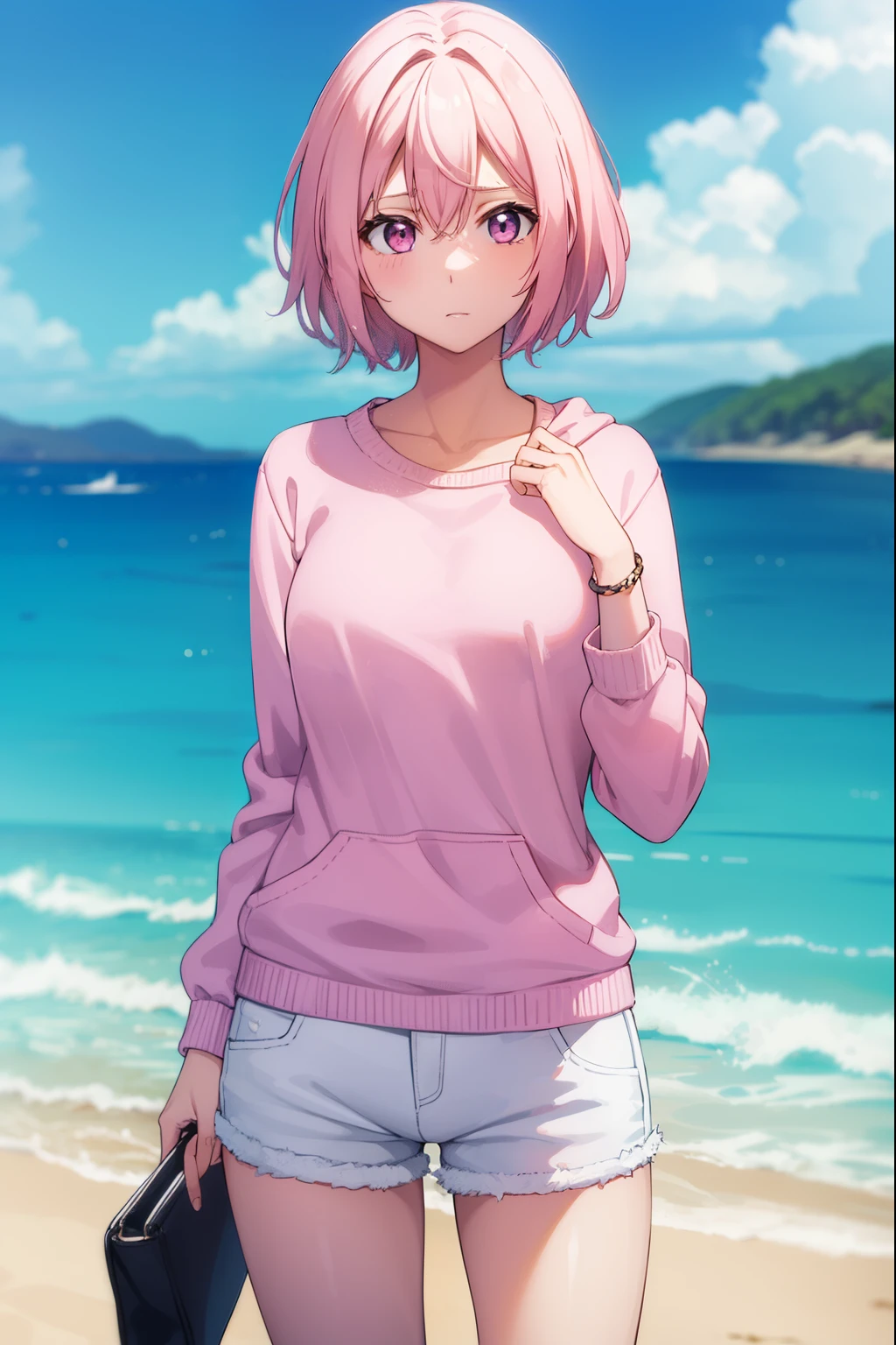 Cute girl, with sexy reddish-white skin,She is wearing a pink pullover, She wears short white, On an island, Women's white shorts, sexy body