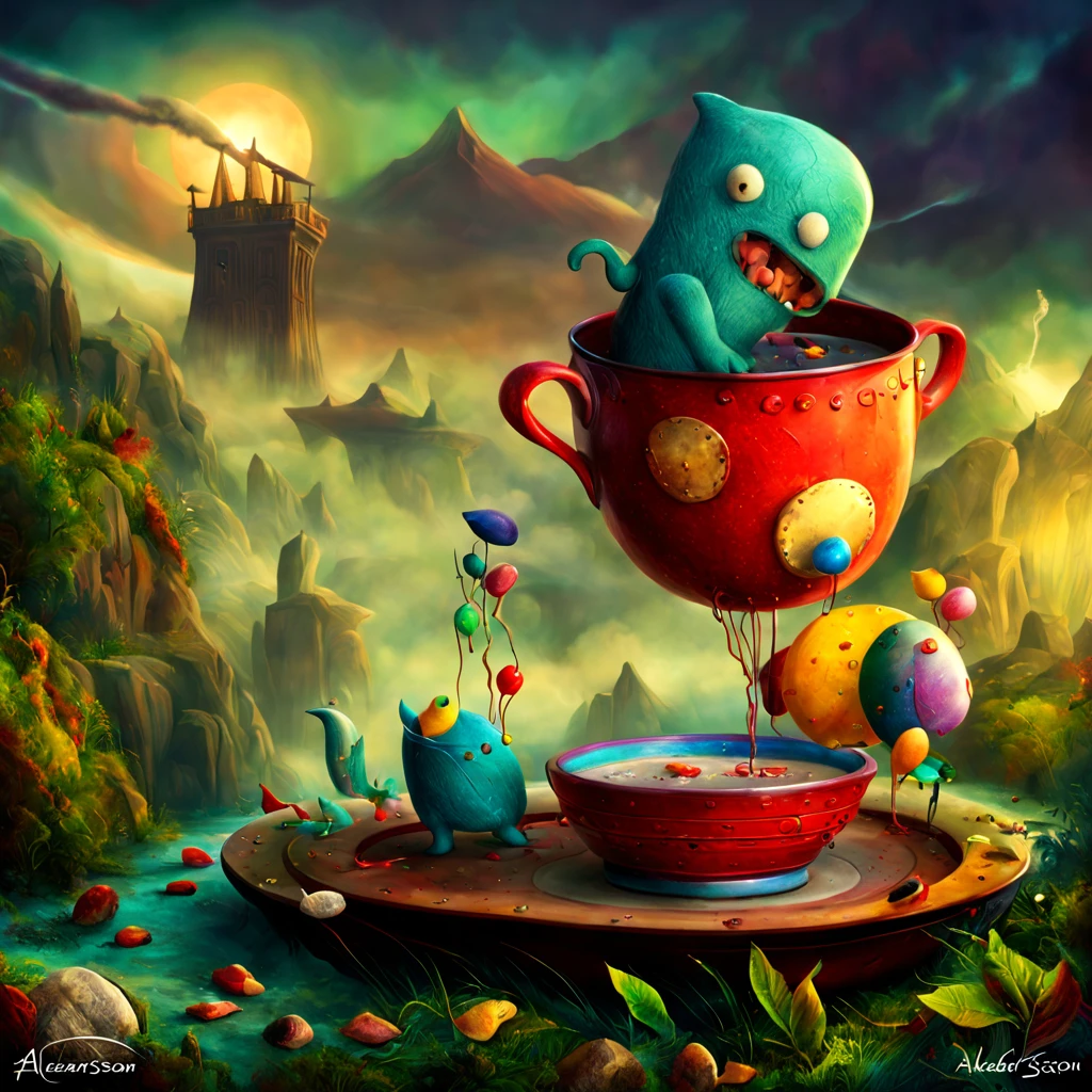 Soup Monster In A Stunning And Colorful Setting, Artistically Rendered, Style Alexander Jansson, Amazing And Beautiful Creation, Characters And Elements Of The Scenery Entirely Within The Frame Of The Image, Detailed Realization, Definition High Quality, Expressive Faces, Sharp Eyes