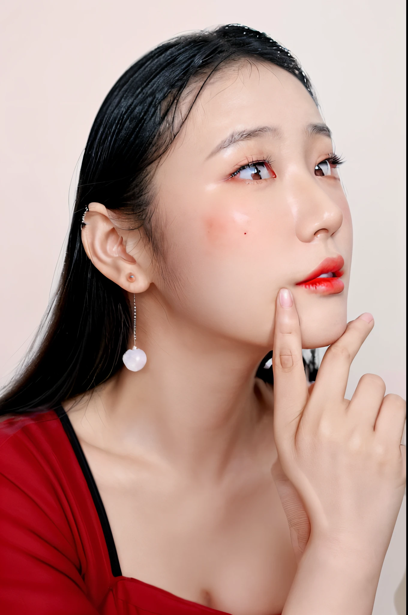 (Cute asian girl), (her 18 year old), cute asian girl in red dress with red earrings and red lipstick, red cheeks, red glowing skin, beauty mark on cheek, with a pointed chin, hand on cheek, face and skin is dark red, red lipstick on face, hand on her chin, slightly round chin, small chin, soft chin, skin blemishes, smooth chin, round chin, pointed chin, ((smooth skin)), ((perfect skin)), white skin:1.3, ((black hair:1.2)), ultra quality, real skin, black eyes, ((perfect eyes)), (real eyes)