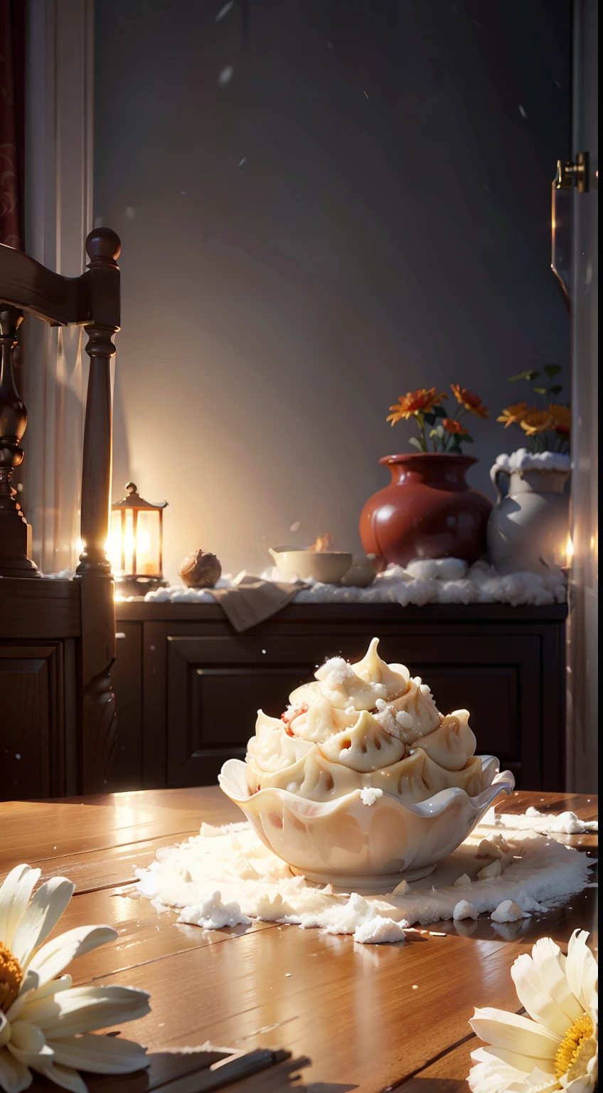 Extreme closeup，Scavenging，tmasterpiece，liveroom，((Dumplings on the table))，claret，Red wine glasses，orange，Pottery vase with chrysanthemums，Bright lights，Night outside the window，snowy days，Winters，Translucent curtains，in the warm living room，c4d，Empty product display scene，Front view，first person perspective，Heads-up shooting