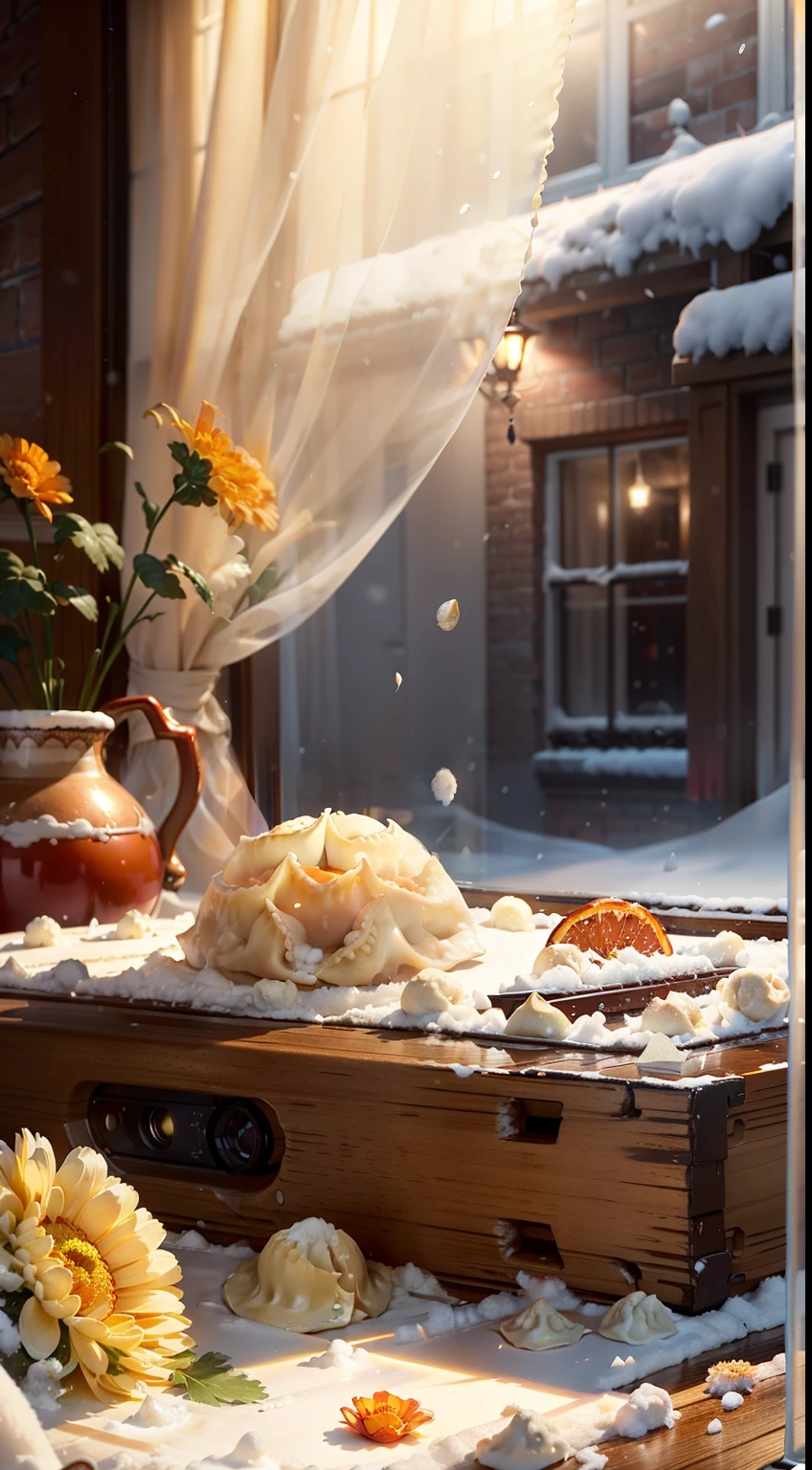 Extreme closeup,Scavenging,tmasterpiece,liveroom,((Dumplings on the table)),Red wine glasses,The orange,Pottery vase with chrysanthemums,Bright lights,Night outside the window,snowy days,Winters,Translucent curtains,in the warm living room,c4d,Empty product display scene,Front view,first person perspective,Head-up shooting