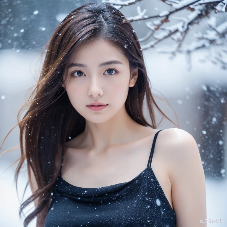 (Black tank top)、、(top-quality,masterpiece:1.3,超A high resolution,),(ultra-detailliert,Caustics),(Photorealsitic:1.4,RAW shooting,)Ultra-realistic capture,A highly detailed,High resolution 32K suitable for human skin、 Skin texture is natural、、The skin looks healthy with an even tone、 Use natural light and color,One Woman,japanes,,kawaii,A dark-haired,(depth of fields、chromatic abberation、、Wide range of lighting、Natural Shading、)、、(Falling snow:1.2)、(Hair swaying in the wind:1.2)、(Snow reflects light:1.2)、(Back lighting)(Clothes are torn)(Close-up of cleavage from torn clothes)(I can see your butt through your torn clothes..)(Longhaire)(sexy photo)Perfect and beautiful face with droopy eyes