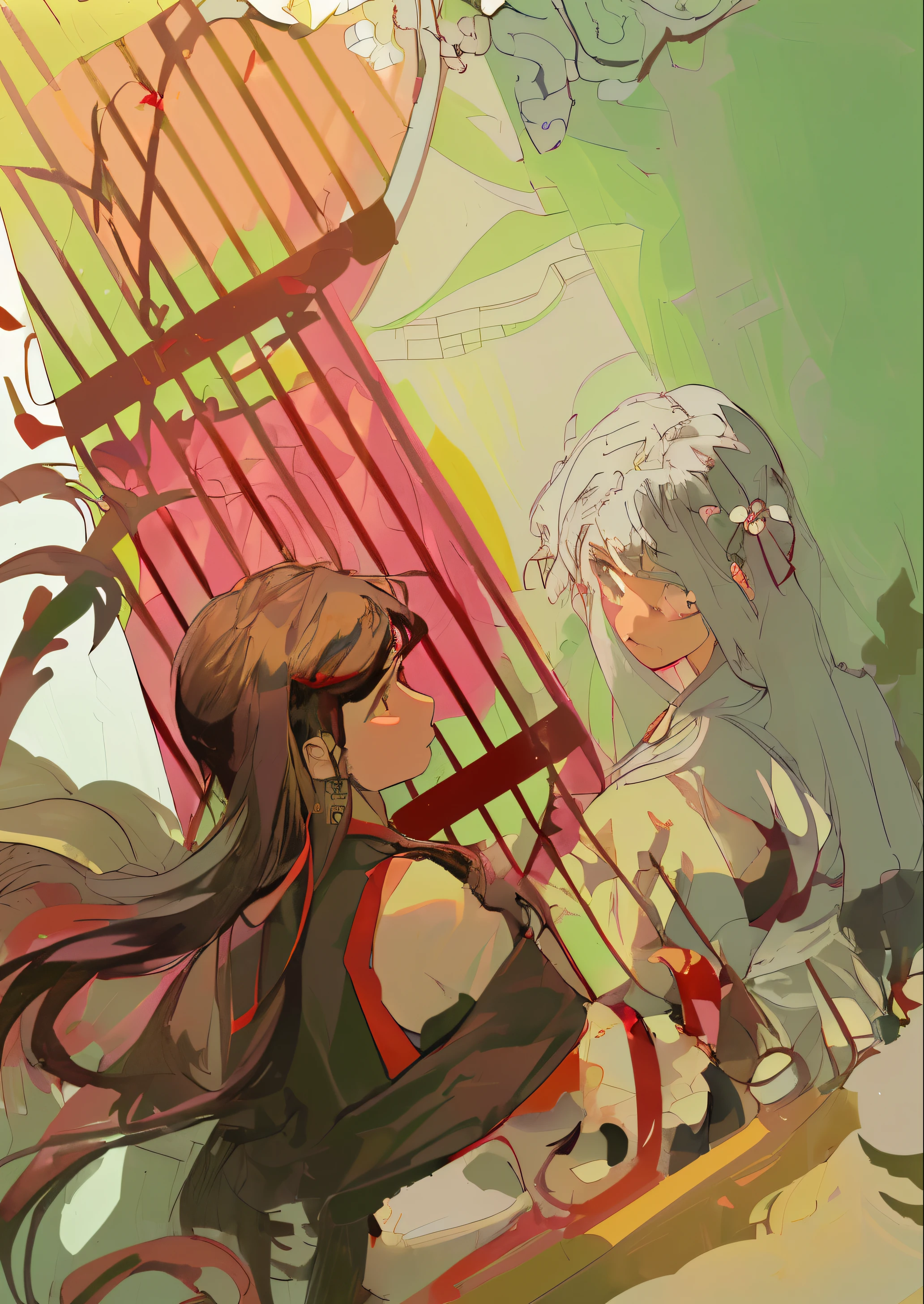 A girl with long black straight hair, brown eyes and a round face is wearing a black antique off-shoulder dress with red ribbons, facing a boy with white hair and a white suit in the dressing table mirror. The background is plum blossoms and ancient Chinese windows.