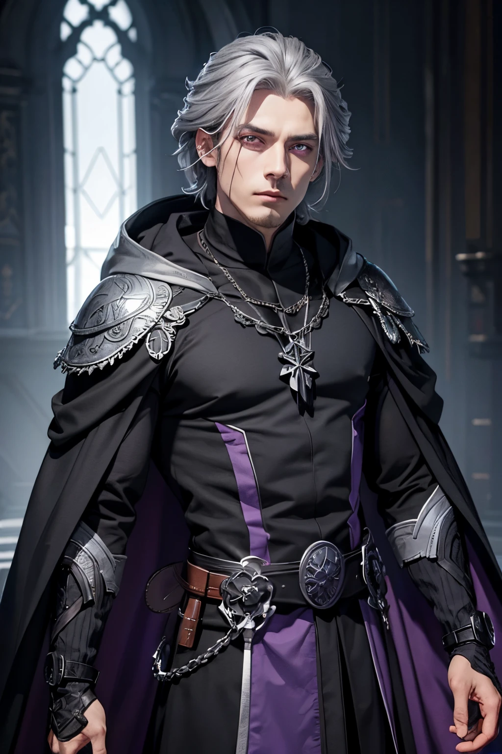 Male dark wizard,grey hair,violet eye,bracelet jewel violet,black shoulder cloak,dark grey costume black line