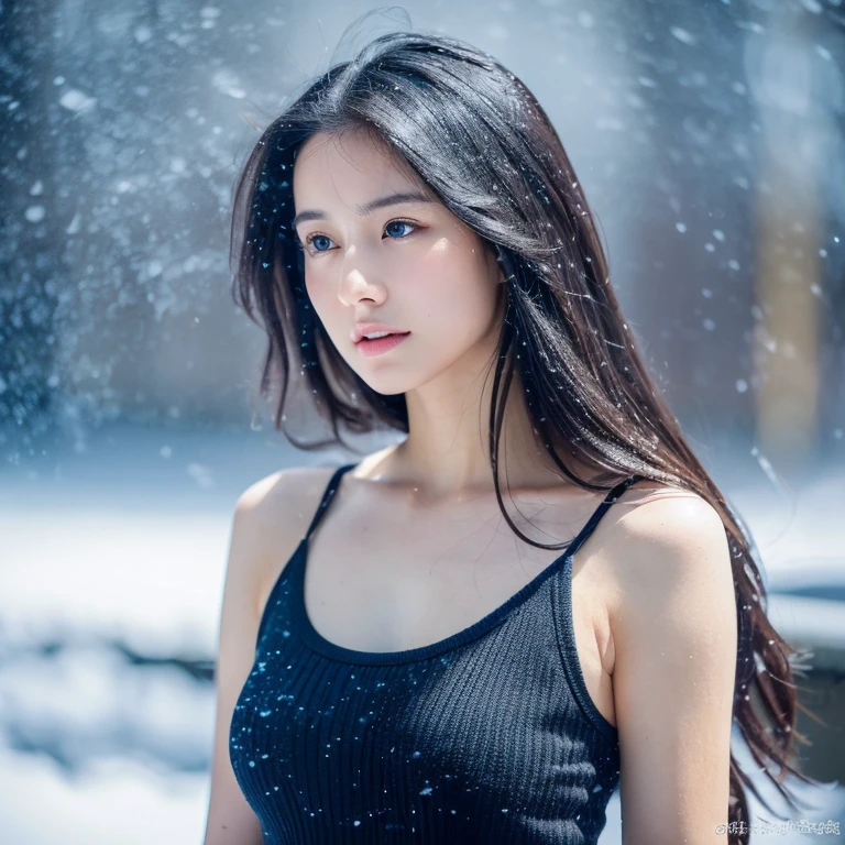 (Black tank top)、、(top-quality,masterpiece:1.3,超A high resolution,),(ultra-detailliert,Caustics),(Photorealsitic:1.4,RAW shooting,)Ultra-realistic capture,A highly detailed,High resolution 32K suitable for human skin、 Skin texture is natural、、The skin looks healthy with an even tone、 Use natural light and color,One Woman,japanes,,kawaii,A dark-haired,(depth of fields、chromatic abberation、、Wide range of lighting、Natural Shading、)、、(Falling snow:1.2)、(Hair swaying in the wind:1.2)、(Snow reflects light:1.2)、(Back lighting)(Clothes are torn)(I can see your butt through your torn clothes...)(Longhaire)(Sexy Pictures)Perfect and beautiful face with droopy eyes