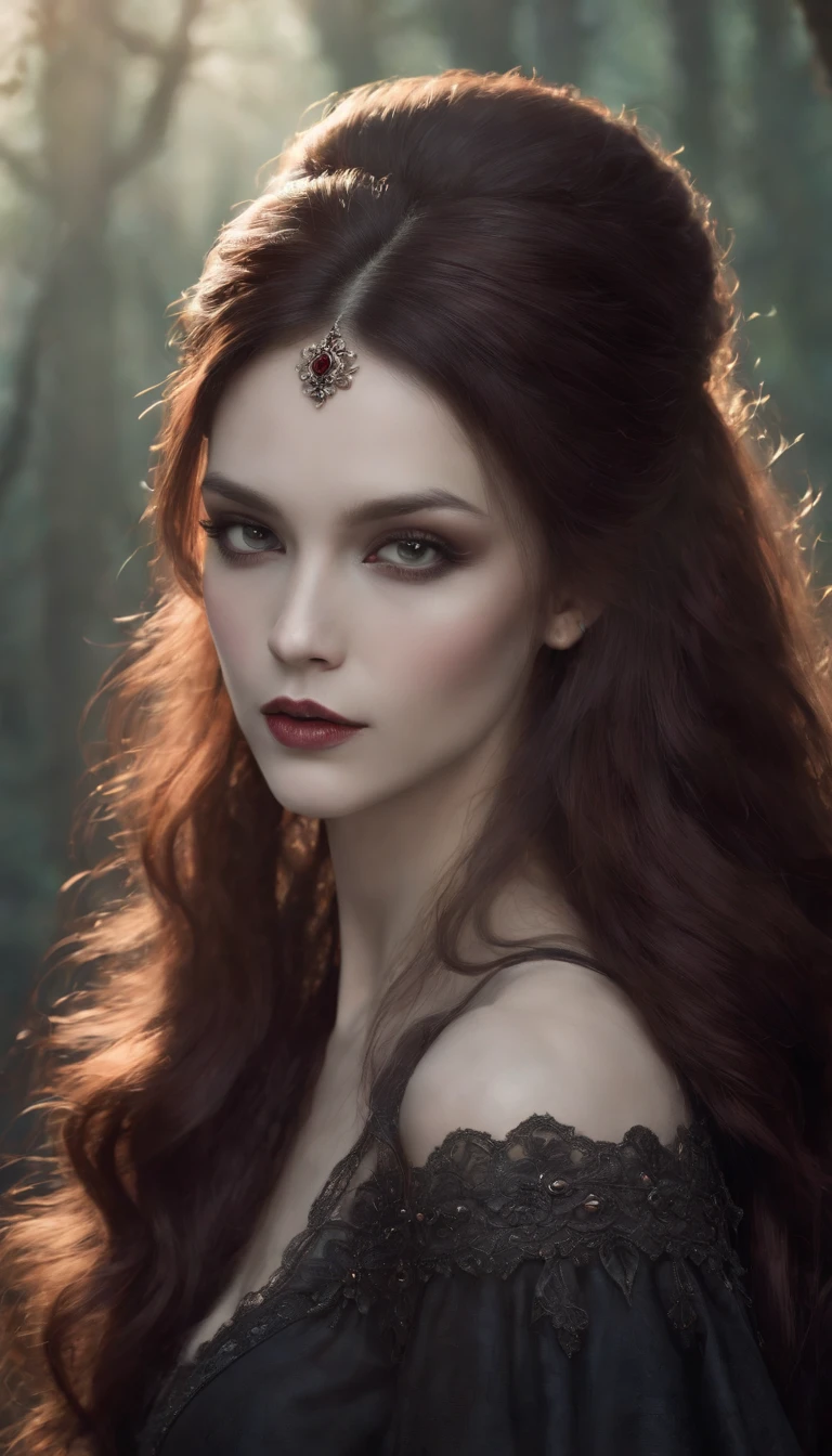 a close up of a woman with long hair and a dress, concept art inspired by Tom Bagshaw, pixiv, gothic art, gothic maiden, gothic maiden anime girl, beautiful vampire queen, dark fantasy style art, gothic fantasy art, beautiful vampire female queen, dark fantasy art, gothic maiden of the dark, gothic art style, vampire girl