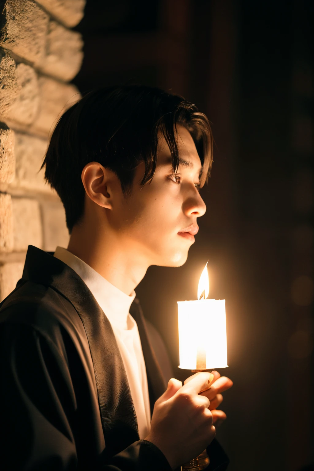 Full Moon Night,Handsome monk,Center-parted hairstyle,a cassock,worship