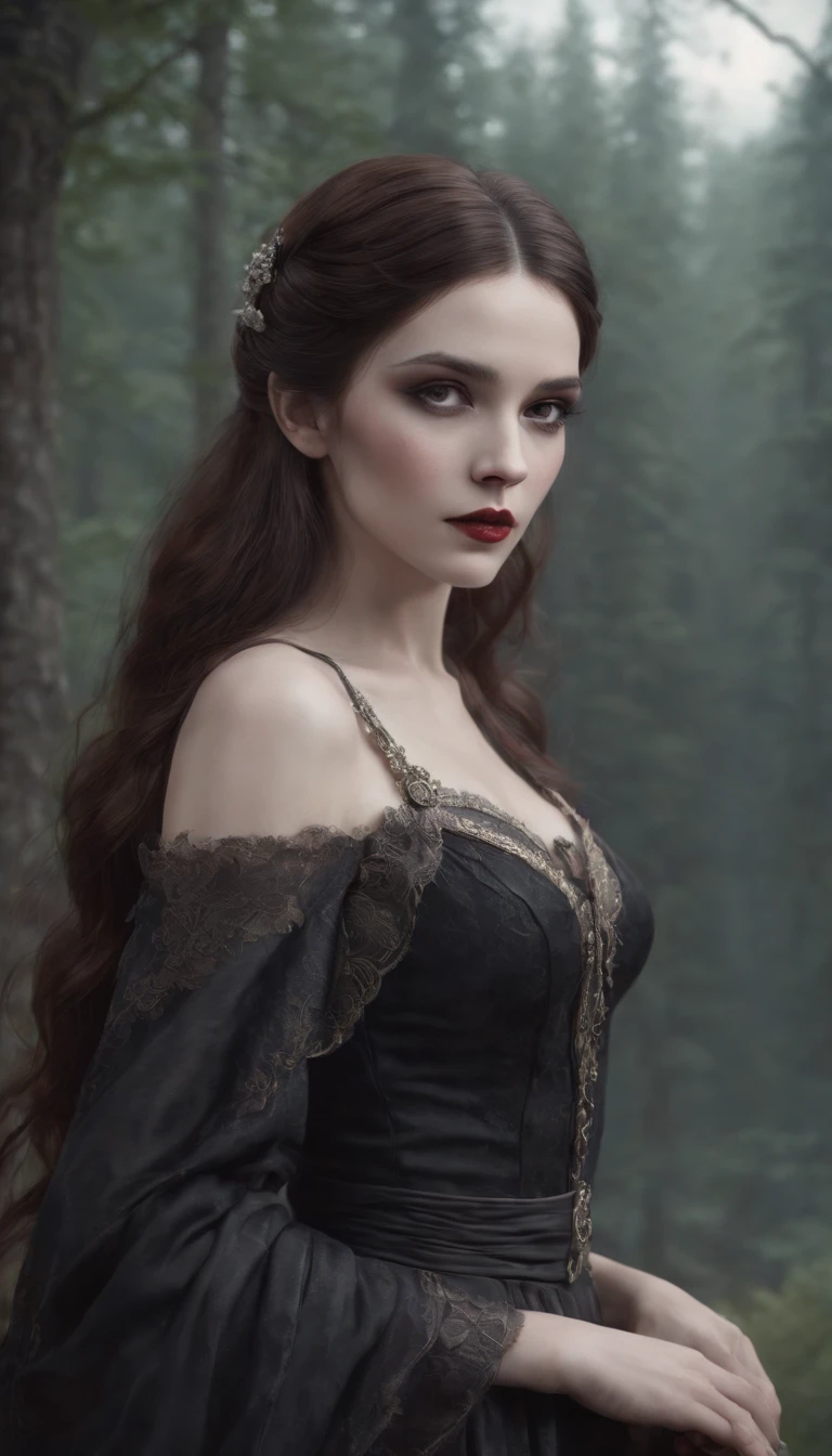 a close up of a woman with long hair and a dress, concept art inspired by Tom Bagshaw, pixiv, gothic art, gothic maiden, gothic maiden anime girl, beautiful vampire queen, dark fantasy style art, gothic fantasy art, beautiful vampire female queen, dark fantasy art, gothic maiden of the dark, gothic art style, vampire girl