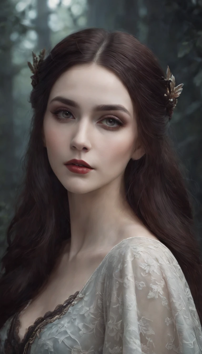 Full portrait, Realistic, photorealistic, RAW photo, highly detailed, cinematic rendering, wild dead forest, eventide, cute 24 aged woman leaning back a tree and looking to grey cloudy sky, redhead, sexy, dressed in a white torn nightie, black leaves float in the air, here are sparkling particles fluttering, donamic composition, dark light background, atmosphere of melancholy and lonely, surrealistic photo by Alphonse Mucha, detailed perfect face, melancholy eyes, brown color hair, faded colors, cinematic composition