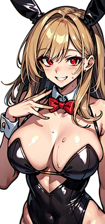 masterpiece, best quality, finely detailed, high resolution, extremely delicate and beautiful, (bunny girl), (large breasts), (red eyes), (sweating), smile, toned body