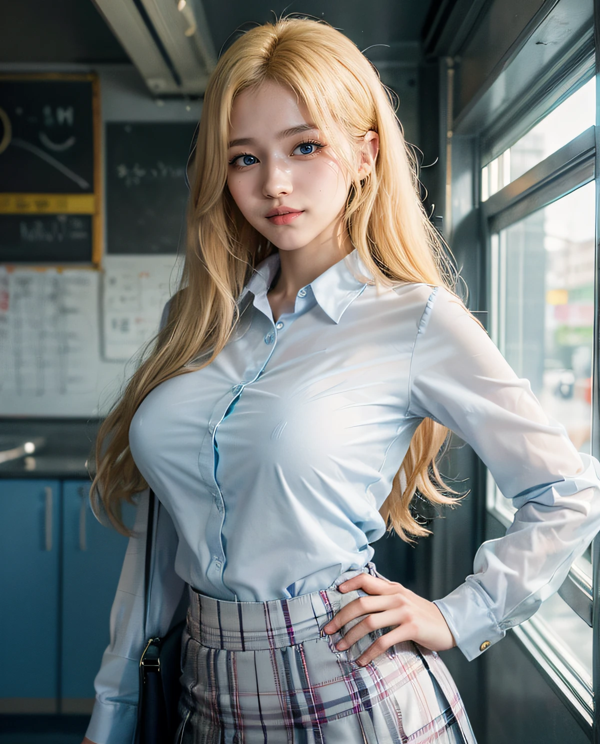 1girl, (Blue eyes), (smile), (Sana Minatozaki), wide hips, Big Boobs, big ass, (Best Quality, 8k, Masterpiece: 1.3), perfect hands, Clear Focus: 1.2, Perfect Body Beauty: 1.4 , Slender Abs: 1.2, Highly detailed face and skin texture, detailed eyes, double eyelids, (blonde long hair), (translucent dress shirt :1.2), (bra), (plaid skirt :1.3), ((japanese school uniform)), standing, varied poses, on the train, people in the background, blurred background