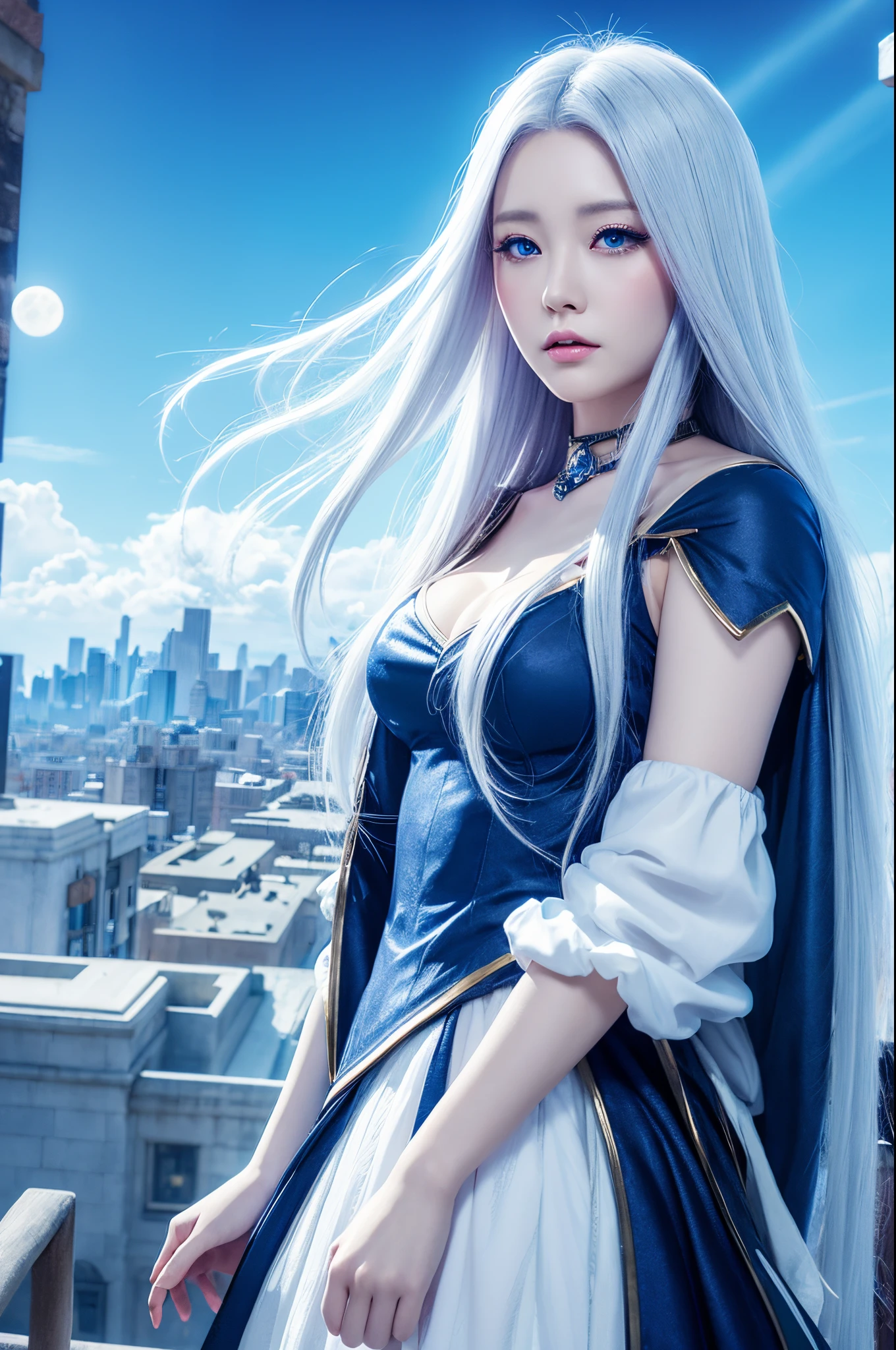 Japanese woman, blue eyes, Long white hair looked out over the city.............., beautiful fantasy art, Ethereal fantasy, very beautiful fantasy art, beautiful digital artwork, digital art fantasy, Future and impersonal, digital art fantasy ), amazing fantasy art, Beautiful Fantasy, Digital ArtFantasy Art, 4k highly detailed digital art, detailed fantasy digital art, Beautiful digital art, digital art fantasy, moon