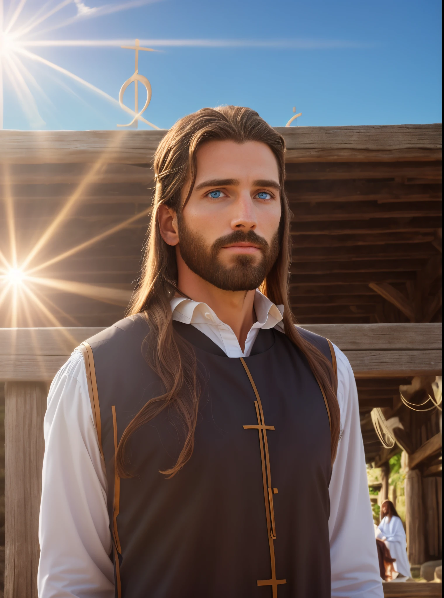 8k Photographic 1 single handsome jesus, blessings, jesus heaven view, real blue eyes, blessing people jesus, long hair,  Jesus dress, pasture, church background , background sunshine, brown long hair, jesus symbol