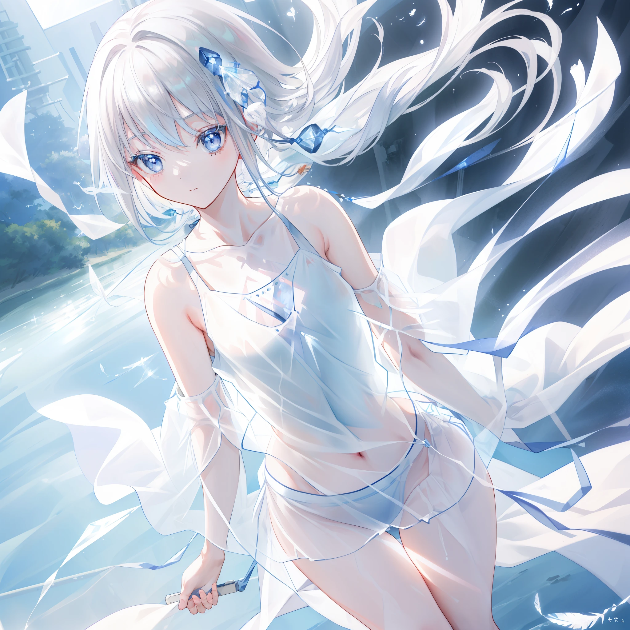 (A close up: 1.2) of an anime teen girl, (standing in a (river), cinematic light, slim body with curves, skin is perfectly white, soft, and smooth, Extremely delicate and beautiful CG illustration, best quality, high resolution, dynamic angle, full-length lens, (1 girl), floating, soft light, high-key lighting), glowing light, purple halo, feathers fluttering background, blue crystal, (((wearing nothing but a white (pure:1.5) (transparent) tank top))), (small hands), (cinematic sunlight), (barefoot)