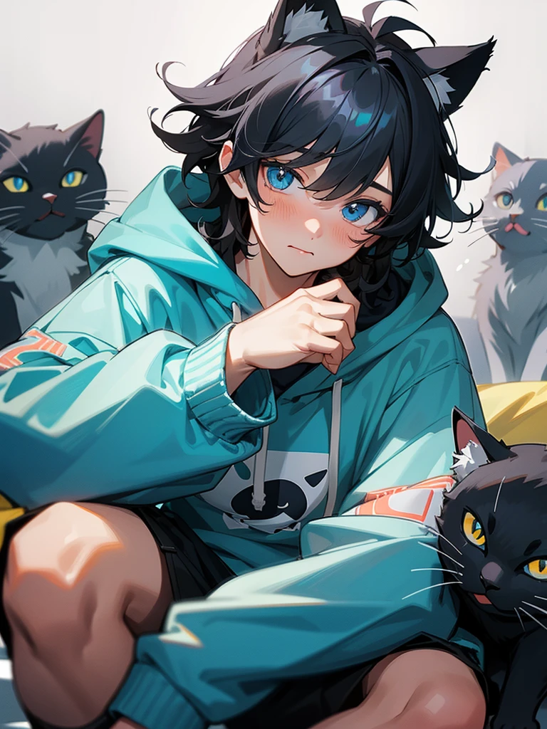 1 teen boy, scruffy hair, bangs, black hair, blue eyes, perfect eyes, detailed eyes, bashful look, cute look, wearing loose hoodie, slightly blushed, no hands, highly detailed, cat ears, looking at viewer
