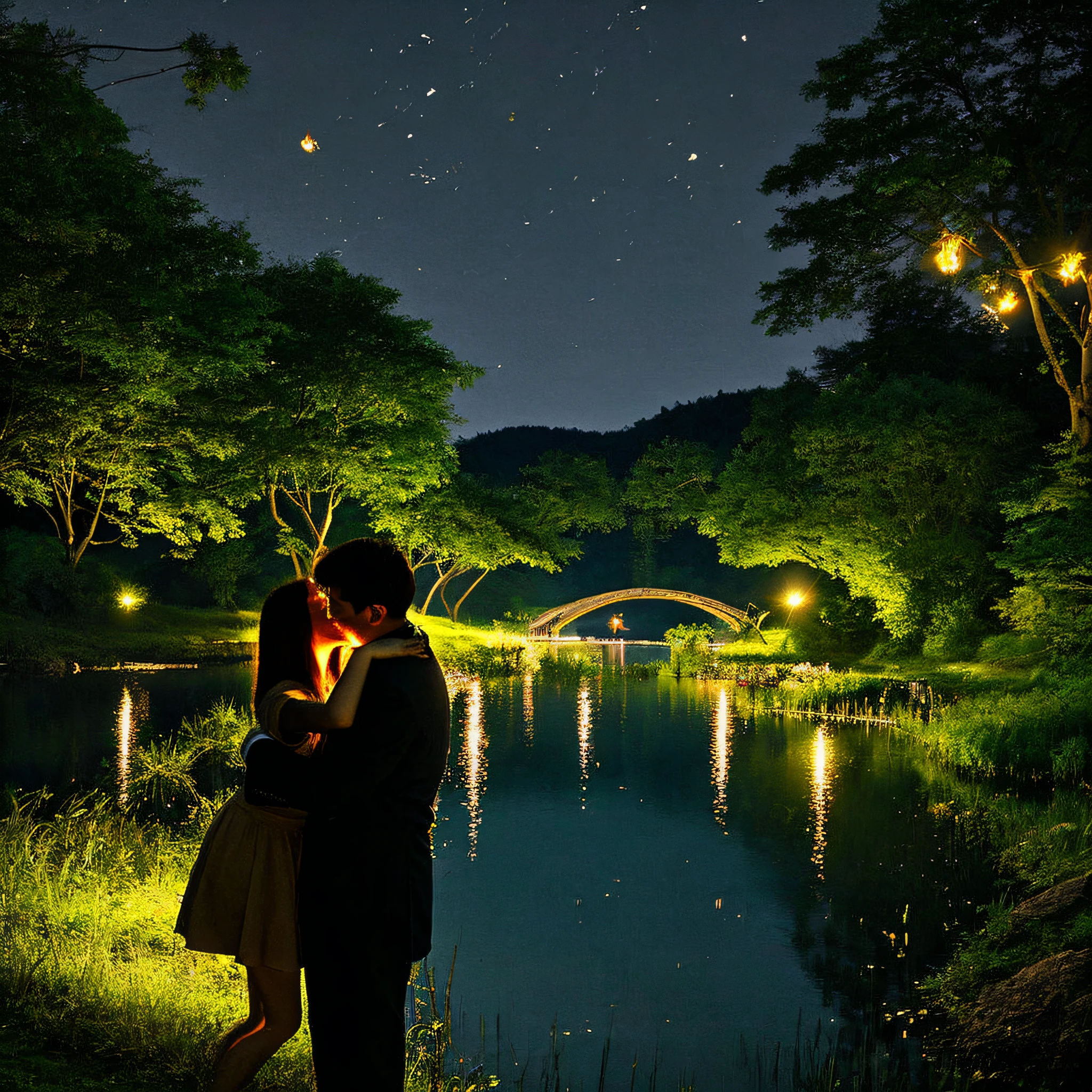 A lake where many fireflies dance、Fantastic world、A man and a woman hugging and about to kiss、Fantastic firefly lighting、Romantic view、Sparkling lake、Fantastic world