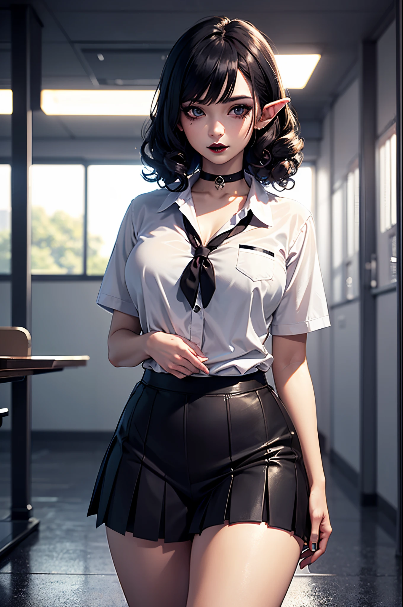 (Original Character、Unity 16K Wallpaper, Masterpiece, Best Quality, Ultra-Detailed, Extremely Detailed CG, Caustics, Cinematic Lighting, Detailed, Beautiful Detailed Eyes, solo,sexy women), Ultra High Resolution, fine skin, (strong light),
oily skin,curby:1.2,sexy women, masterpiece, best quality, 1girl, cute young girl, ager, solo, choker, short hair, black hair, (((very curly hair))), goth girl, black eyes, elven ears, pointed ears, curvy body:0.5, ((blackmakeup, black eyeshadows, black lipstick,)),
((wearing school uniform))