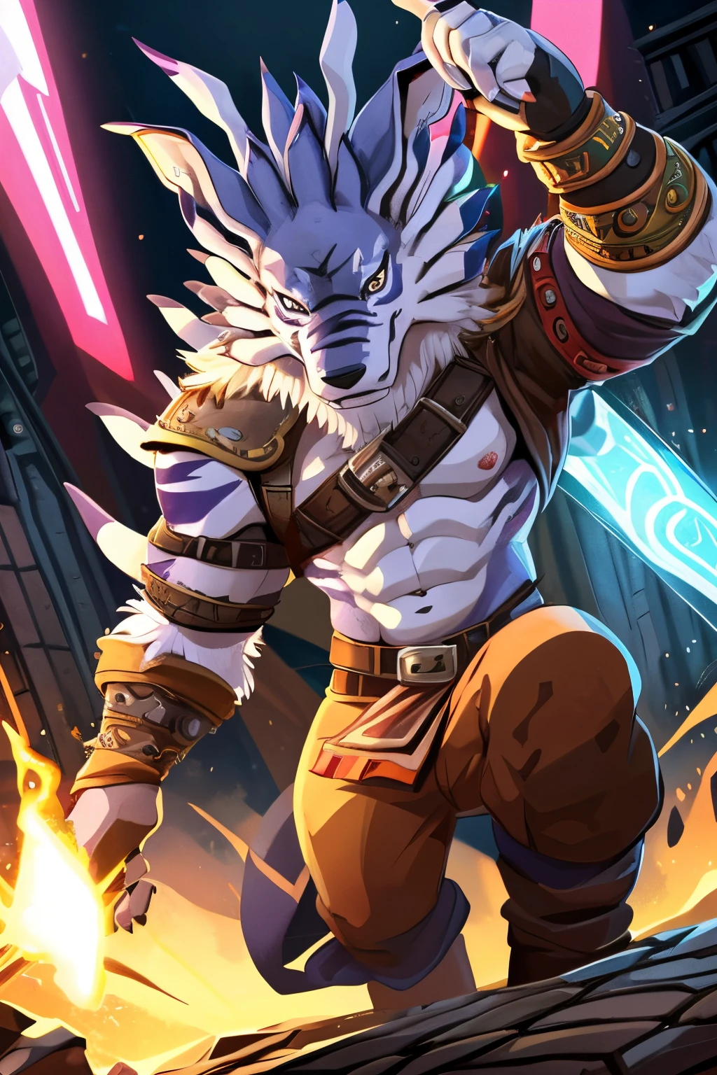 4k, High resolution, La mejor calidad, colores perfectos, Sombras perfectas, Perfect lighting, Publicado el E621, cuerpo peludo, solamente, lobo anthro, (brown fur, longitud total, brutal...Weregarurumon de Digimon Aventure, musculoso (gran protuberancia detallada, contorno genital), contorno de bolas, by illustration, , anime representation, Cinematographer, high resolusion, ultra detallada, retratos, colores vivos, anime detallado
