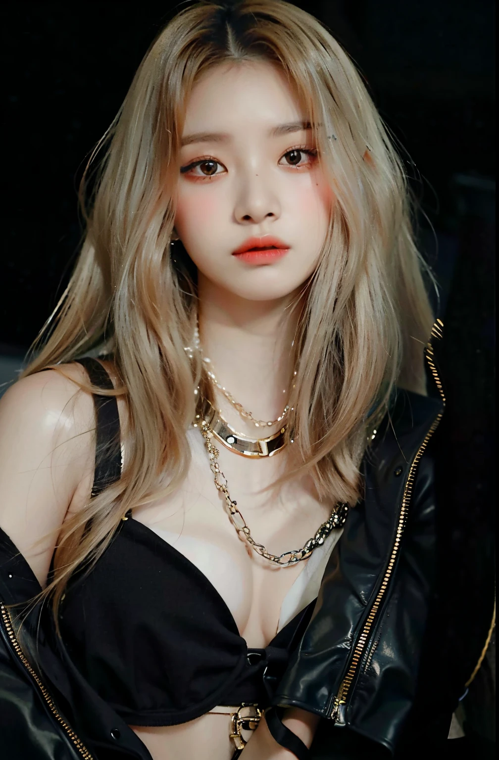 un primer plano de una mujer que llevaba un sujetador negro y una chaqueta negra, Parque Roseanne de Blackpink, Retrato de Jossi de Blackpink, Jossi de Blackpink, Blackpink Jennie, Lalisa Manoban de Blackpink, JIA, Parque Ji-min, Jisoo de Blackpink, cruel korean goth girl, Jisoo de Blackpink, Retrato Jisoo Blackpink, portrait of female Korean idol