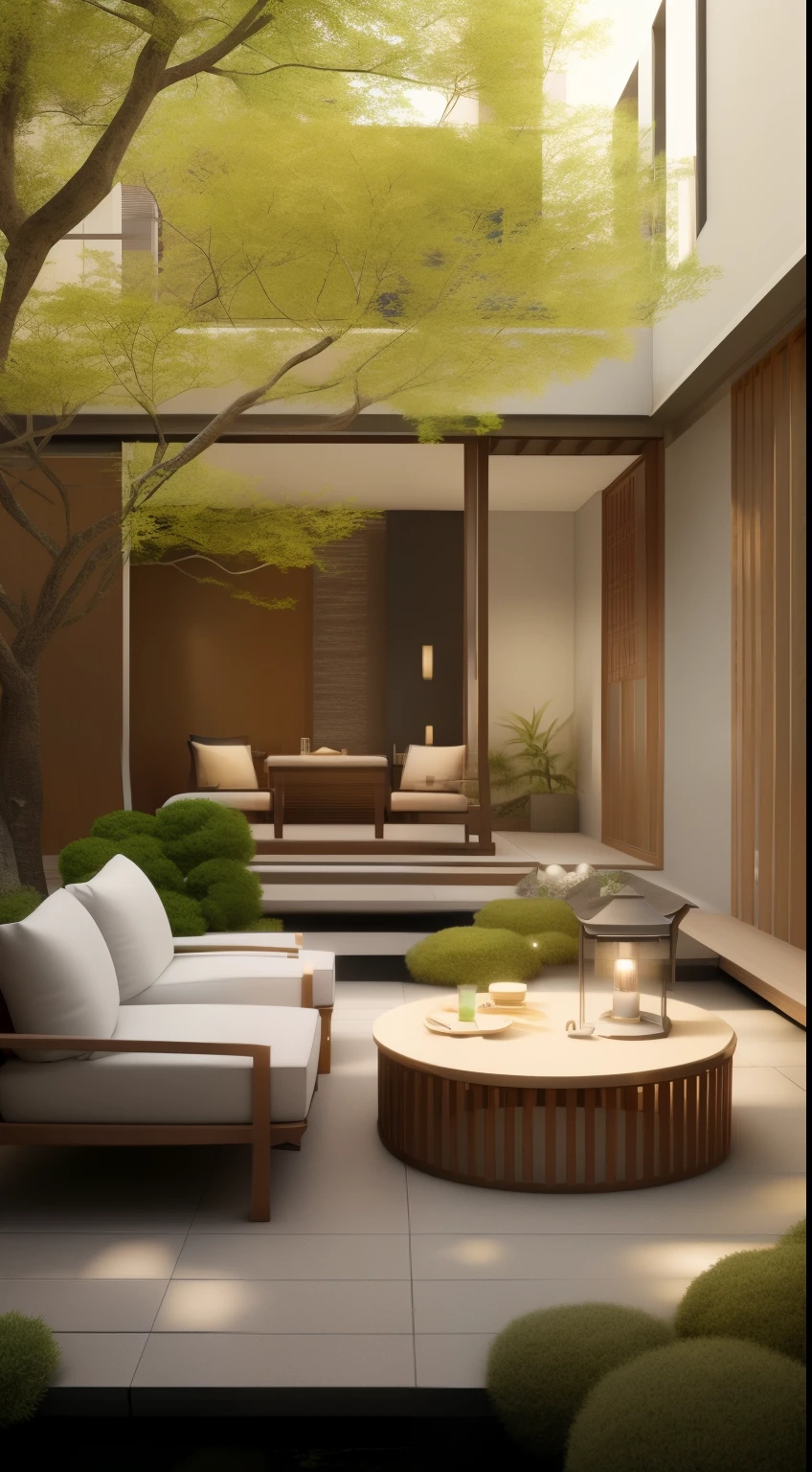 Close-up of courtyard with tables and chairs, modern japanese living room, Beautiful aesthetic design, beautifully detailed render, relaxing environment, luxurious environment, outdoor design, Quiet and peaceful atmosphere, Strive for perfection, precise architectural rendering, serene and peaceful style, Modern earth tones neutral earth tones, Simple and beautiful, excellent 3d render, Comfortable and peaceful atmosphere