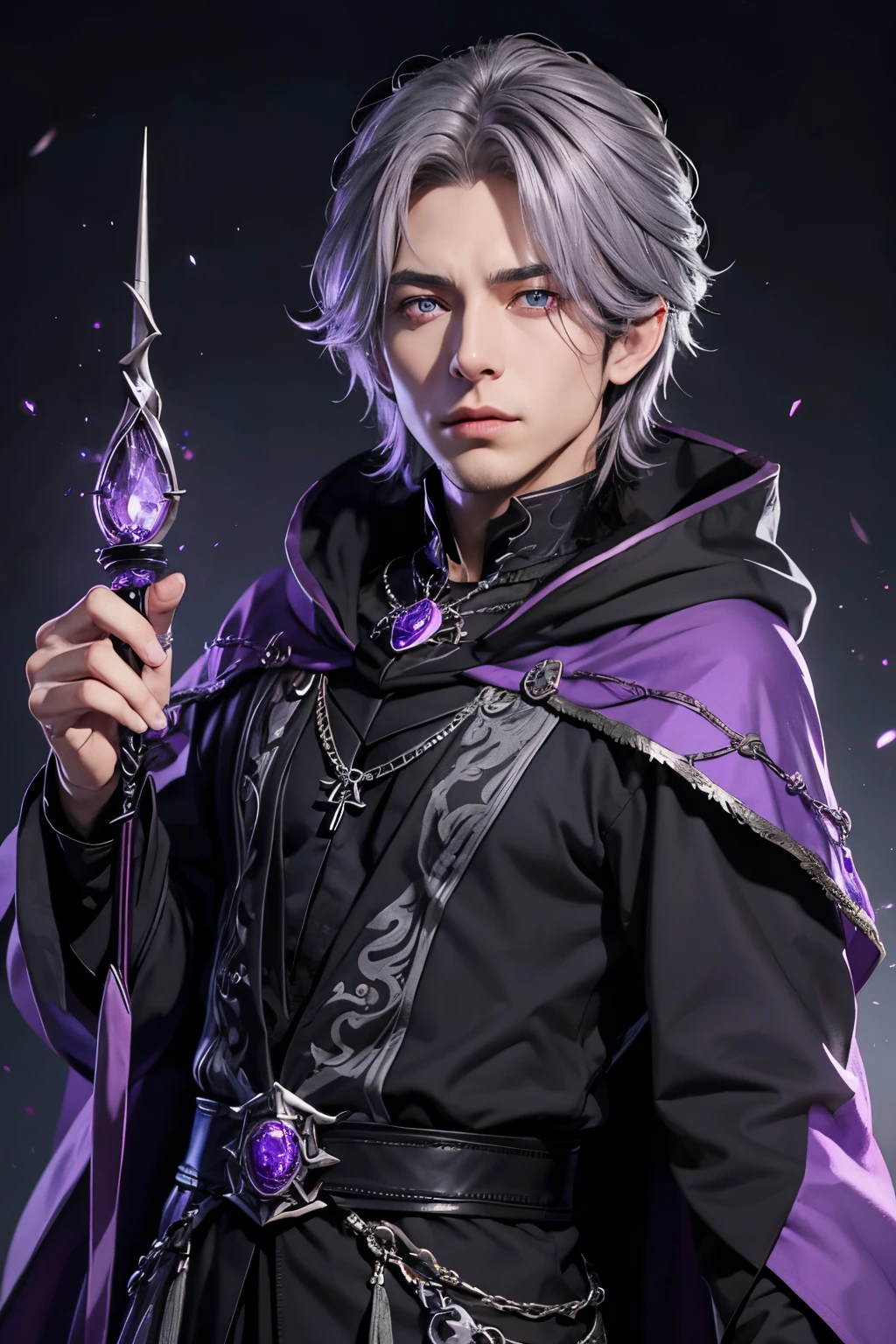 Male dark wizard,grey hair,violet eye,bracelet jewel violet,black shoulder cloak and violet rim,dark grey costume black line