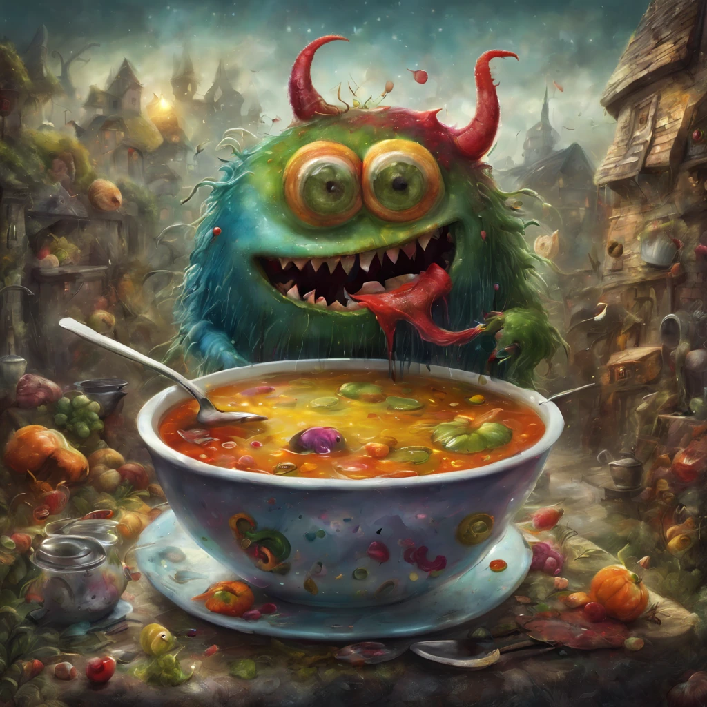 colorful soup monster, Artistically rendered, styles:by Alexander Jansson, amazingly beautiful work, Landscape characters and elements are completely within the image frame, Detailed realization, Definition High Quality, expressive faces, Sharp eyes,(Cooking in a strange kitchen),masterpiece,cute soup monster