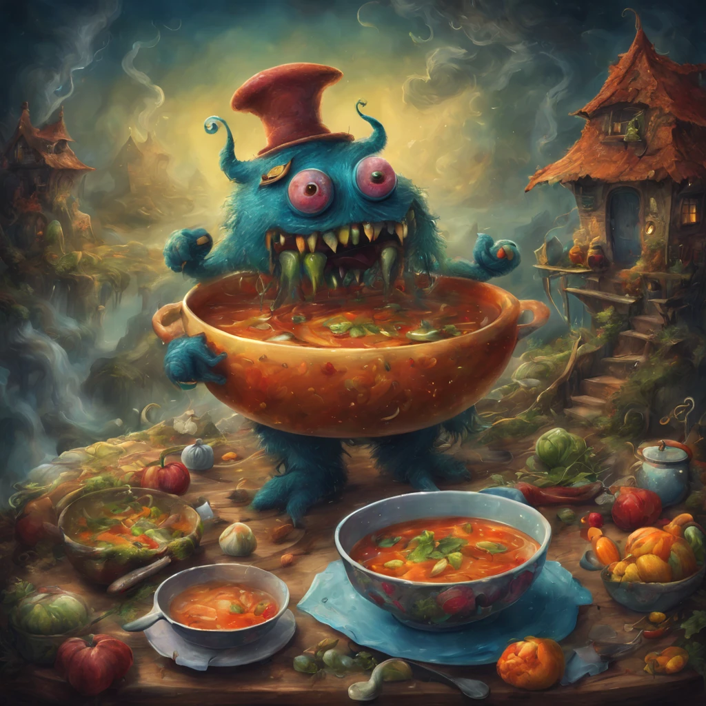 colorful soup monster, Artistically rendered, styles:by Alexander Jansson, amazingly beautiful work, Landscape characters and elements are completely within the image frame, Detailed realization, Definition High Quality, expressive faces, Sharp eyes,(Cooking in a strange kitchen),​masterpiece,cute soup monster