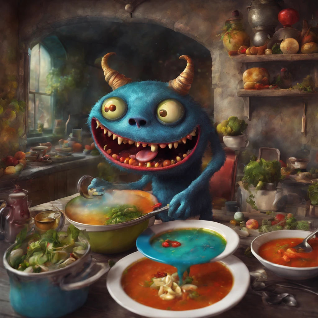 colorful soup monster, Artistically rendered, styles:by Alexander Jansson, amazingly beautiful work, Landscape characters and elements fit completely within the image frame, Detailed realization, Definition High Quality, expressive faces, Sharp eyes,(Background with:ghost house kitchen),​masterpiece,cute soup monster