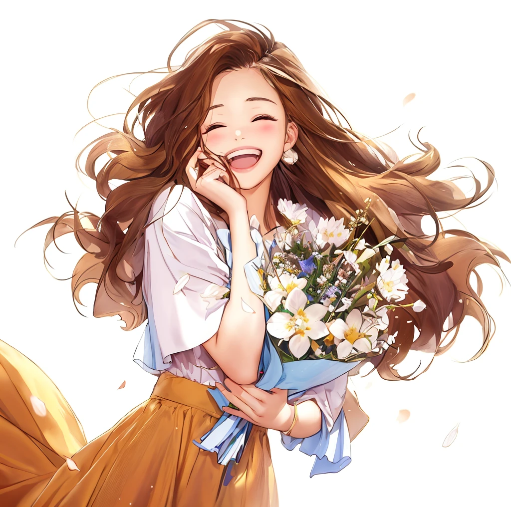 Anime girl with flowers in her hands，With a smile on his face, with flowers, Guviz, she expressing joy, beautiful and smiling, laughing sweetly, Lovely smile, with a beautifull smile, Middle metaverse, by Yang J, Happy and cheerful look, and she smiling，Very happy, Guviz-style artwork, brown hair and white shirt,