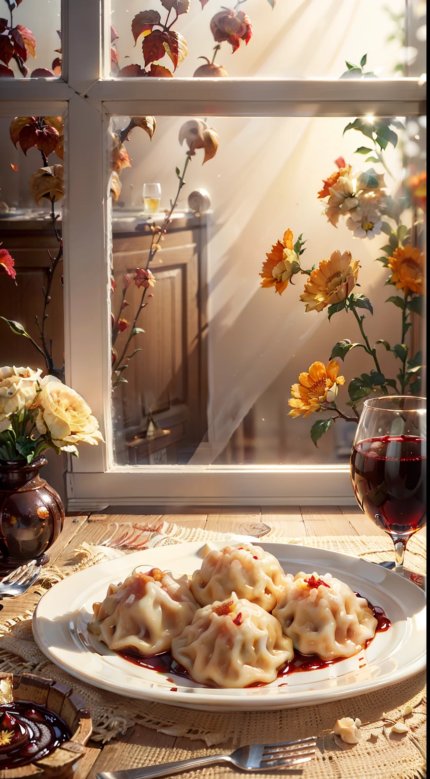 Extreme closeup,scavenging,tmasterpiece,Bar,((Dumplings on the table)), red wine,Red wine glasses,fruit platter,Beautiful classical vase with flowers,Bright natural light,It’s autumn outside the window,Translucent curtains,in a pub,c4d,Empty product display scene,Positive point of view,first person perspective
