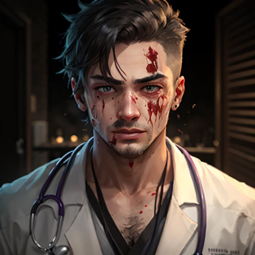 A hot male psychopath doctor with blood on his face