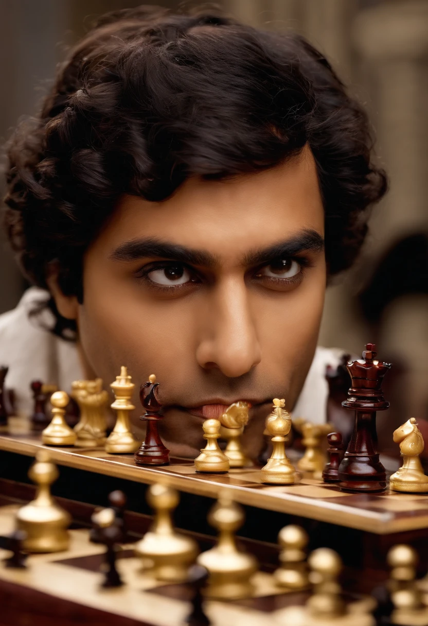 A close-up of a vintage, intricate chess set with ornate pieces,The Big Bang Theory,Raj is an Indian man with black hair and brown eyes, portrayed by Kunal Nayyar