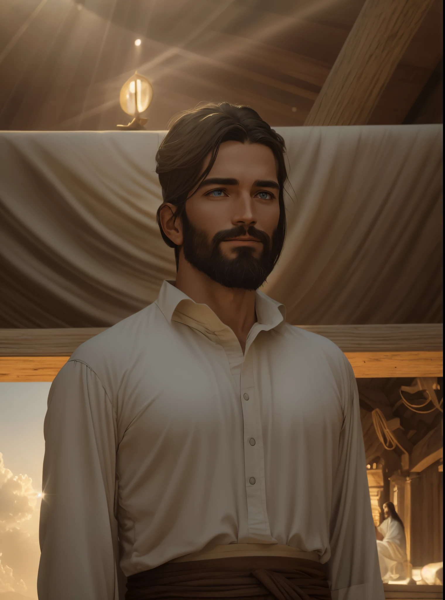 In this scene, Jesus is depicted in heaven, radiating divinity and serenity. The atmosphere is ethereal, with soft rays of light illuminating the surroundings. The composition is carefully framed, capturing Jesus at the center, surrounded by a celestial backdrop. The camera zooms in to capture every intricate detail, showcasing the divine features and expression of Jesus. His eyes reflect compassion and wisdom, while his serene smile exudes peace and love. The dramatic lighting enhances the depth and mood of the scene, creating a sense of awe and reverence. The image is captured with an ultra-detailed photography camera, ensuring that every nuance and texture is faithfully reproduced. The resolution is set at 8K, providing stunning clarity and realism. The photo-realistic rendering brings Jesus to life, capturing the essence of his presence in a tangible and compelling manner. The aspect ratio is set to 4:3, allowing for a balanced and classic composition. The version used is Midjourney 5.2, harnessing the latest advancements in image generation technology. The camera settings are set to auto, optimizing the exposure and focus to capture the scene in its utmost beauty. Overall, the scene portrays Jesus in all his glory, conveying a sense of divine presence and peace. The combination of ultra-detailed photography, dramatic lighting, and high-resolution rendering creates a visually stunning and emotionally resonant depiction of Jesus in heaven,8k Photographic 1 single handsome jesus, blessings, jesus heaven view, real blue eyes, blessing people jesus, long hair, Jesus dress, pasture, church background , background sunshine, brown long hair, jesus symbol