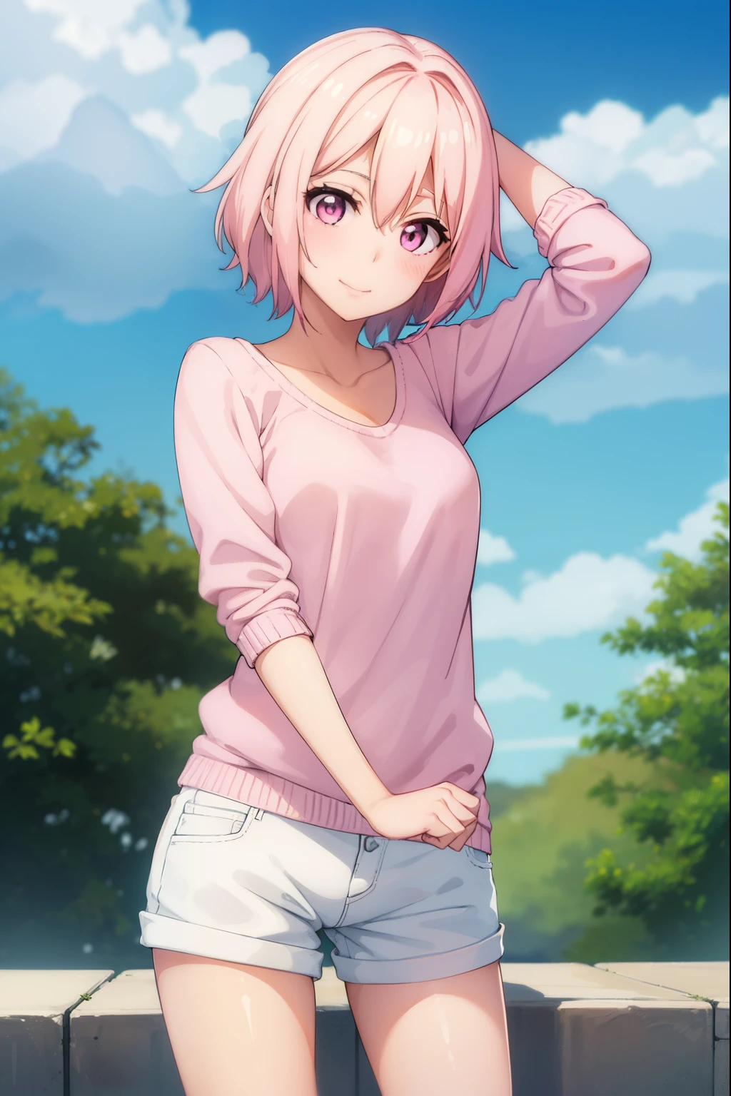 Cute girl, with sexy reddish-white skin,She is wearing a pink pullover, She wears short white, On an island, Women's white shorts, sexy body, Bright smile