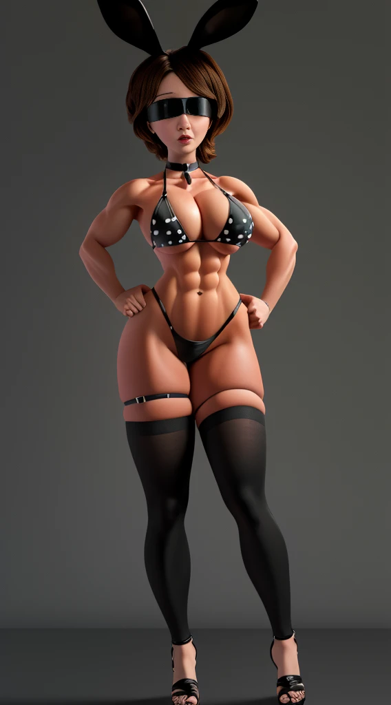 SFW Aunt Cass, standing straight symmetrical, full body, solo girl looking to the camera, blindfolded, cow bell choker, metal sandals, black bikini, black bunny ears, black thigh highs, grey background, strong abs,erotic