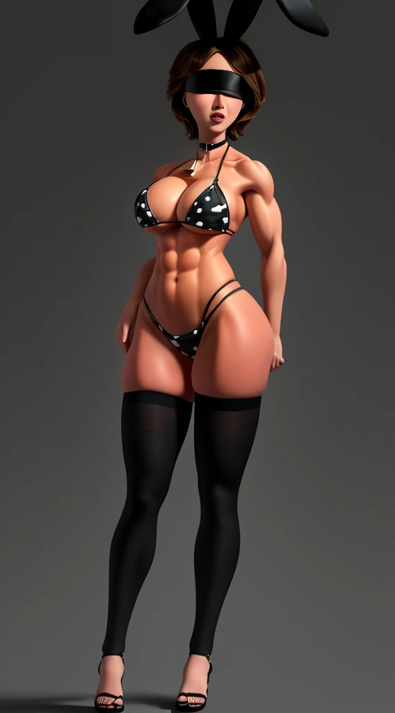 SFW Aunt Cass, standing straight symmetrical, full body, solo girl looking to the camera, blindfolded, cow bell choker, metal sandals, black bikini, black bunny ears, black thigh highs, grey background, strong abs,erotic